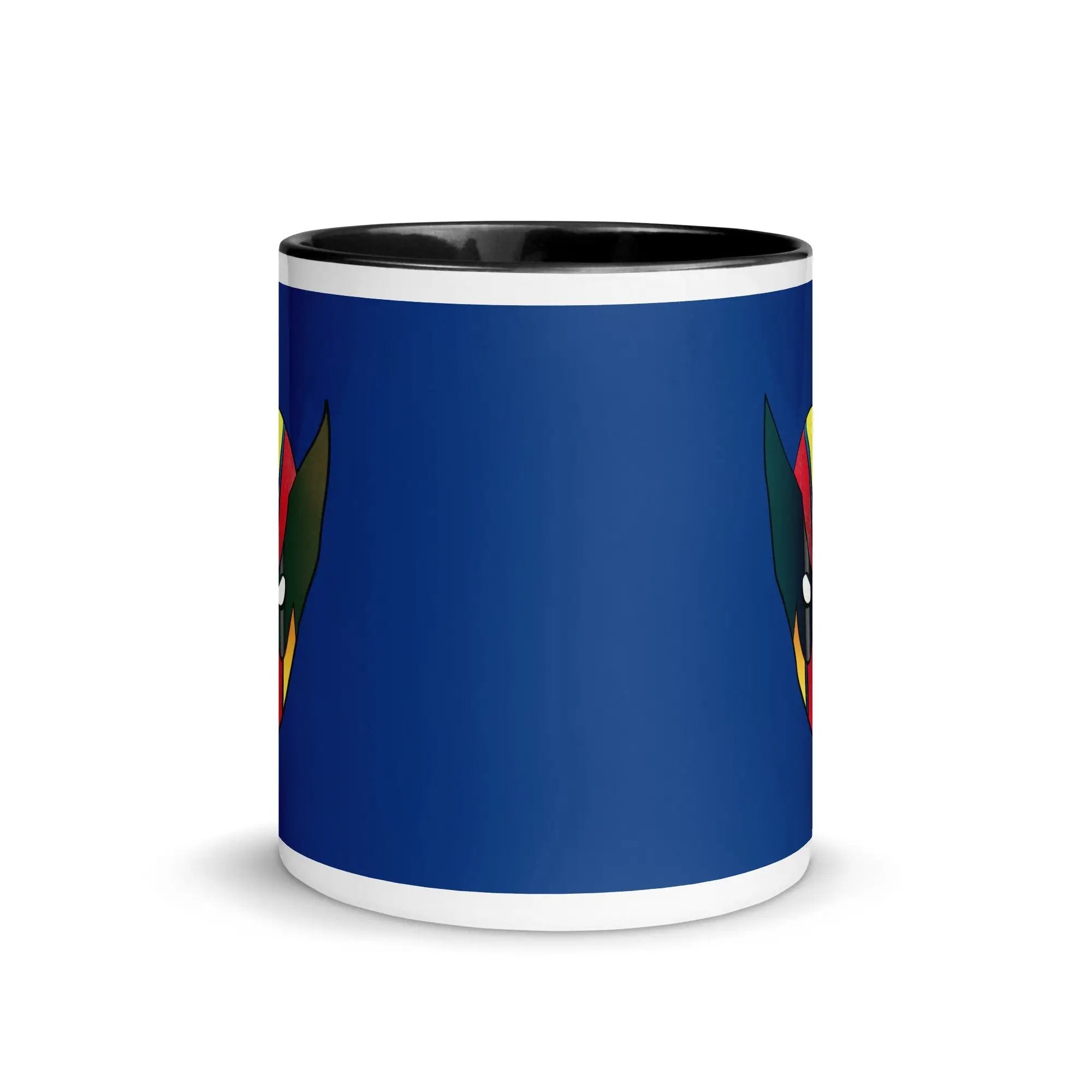 a blue mug with a colorful bird on it