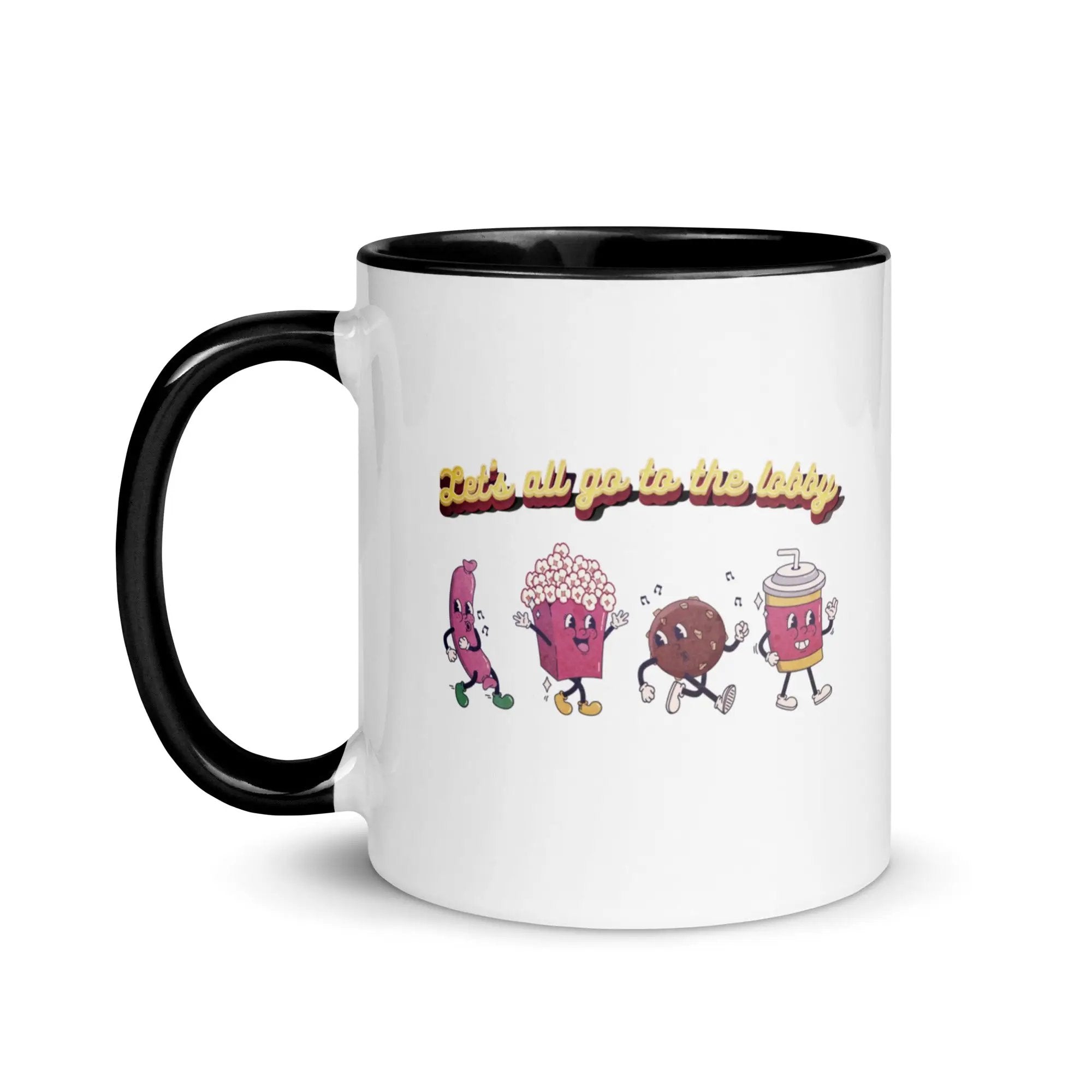 a black and white coffee mug with a cartoon character on it