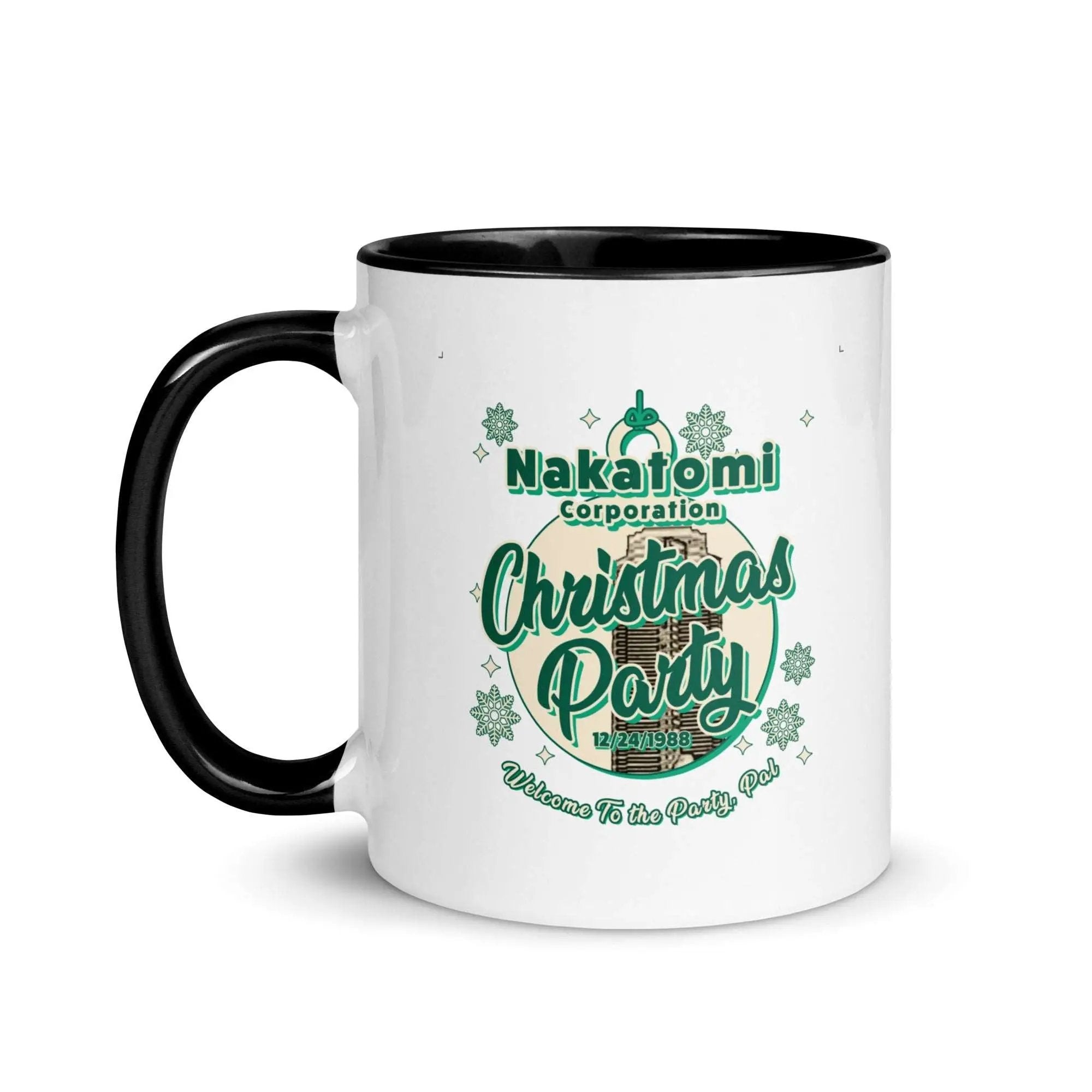a black and white coffee mug with a christmas party on it