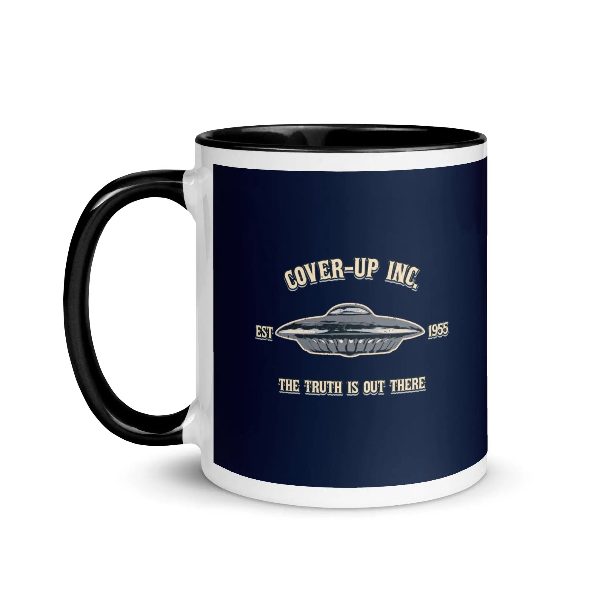 a black and white coffee mug with the words cover - up inc on it