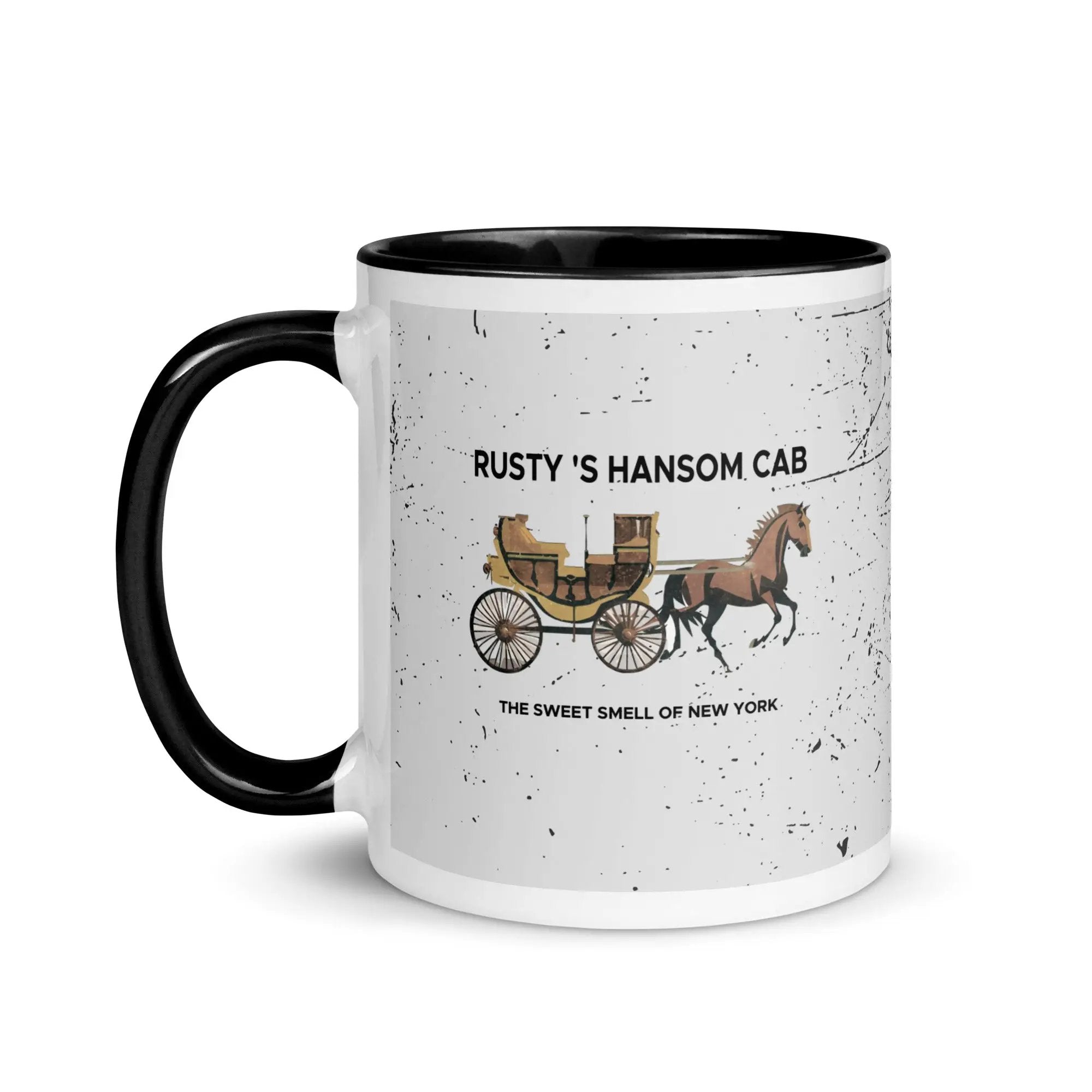 a black and white coffee mug with a horse drawn carriage