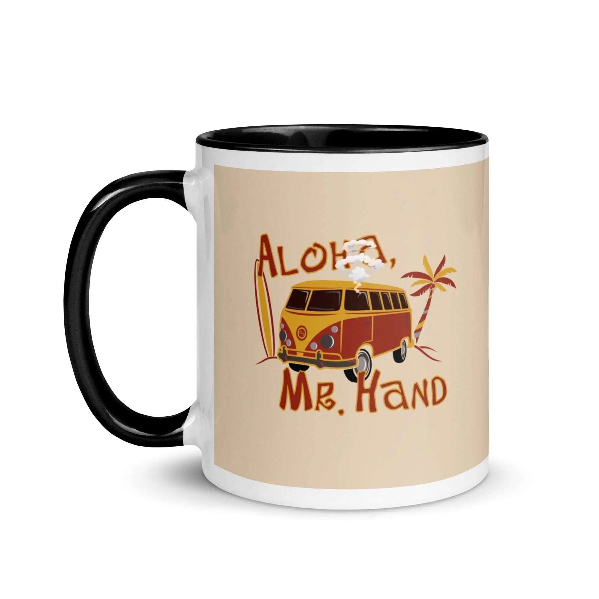 a coffee mug with the words aloha, mr hand on it