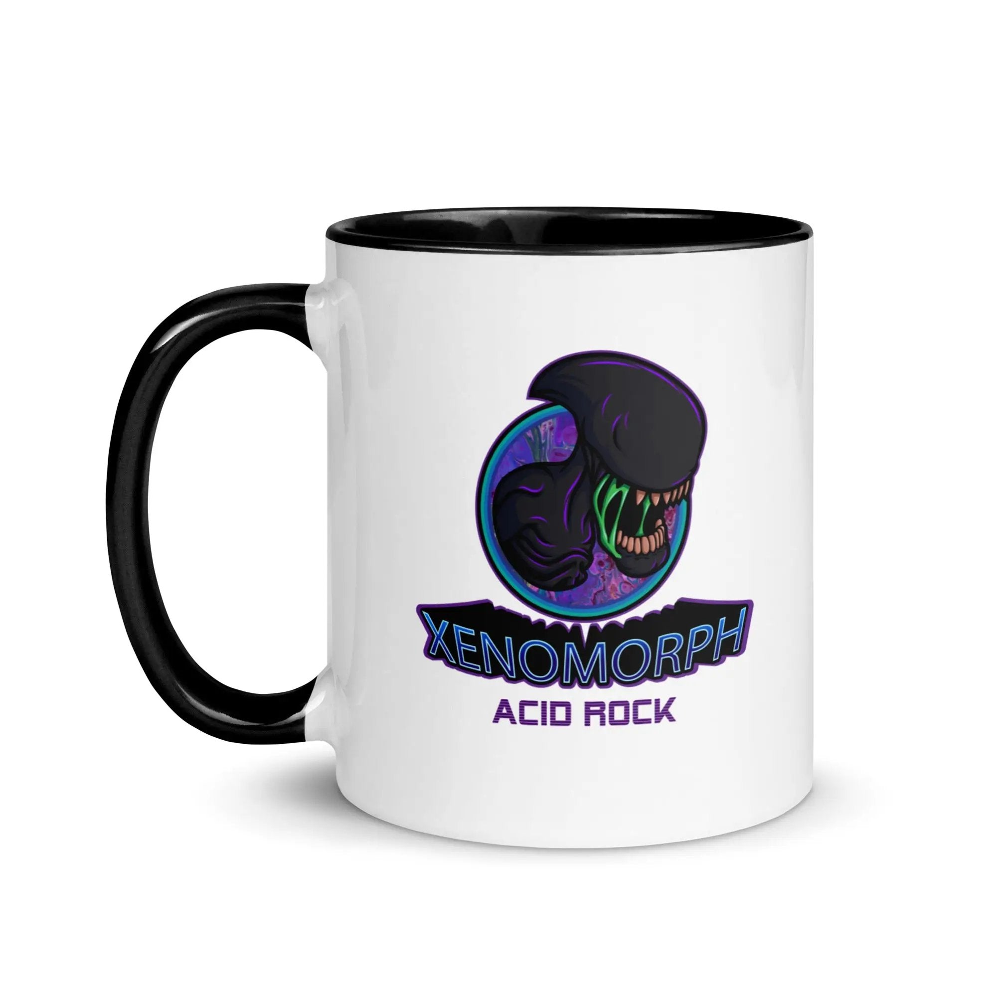 a black and white coffee mug with the words xenomorph acid rock
