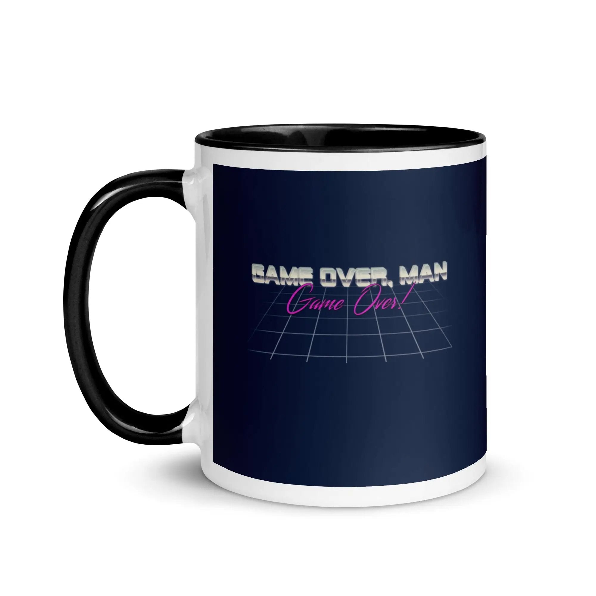 a black and white coffee mug with the words calm over man on it