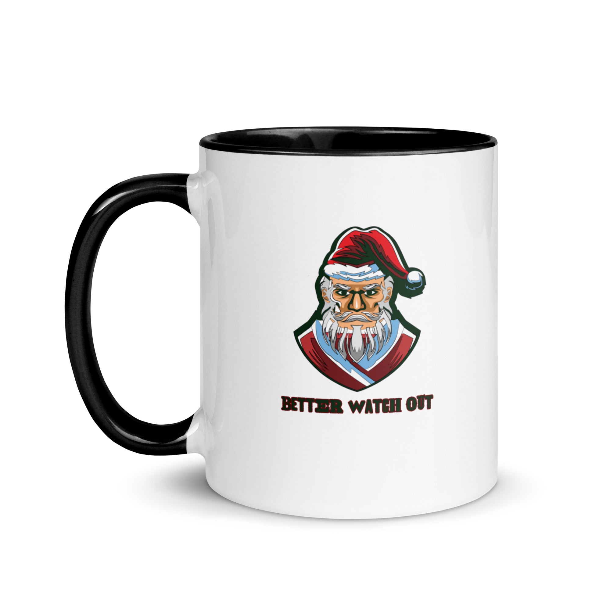 a black and white coffee mug with a santa clause on it