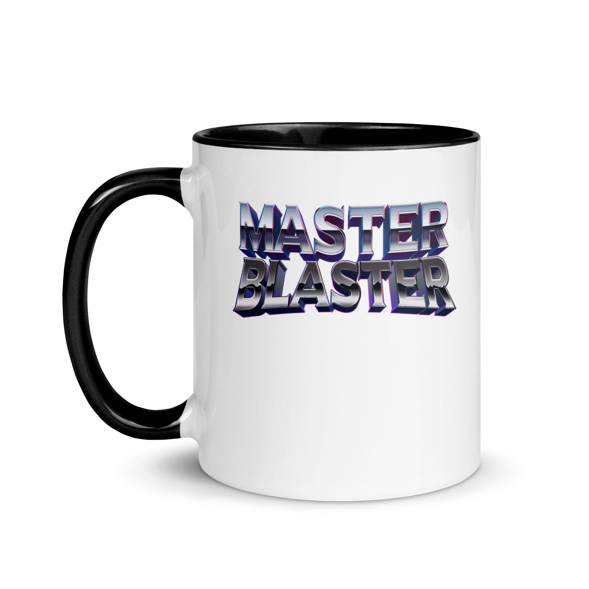 a black and white coffee mug with the words master blaster on it