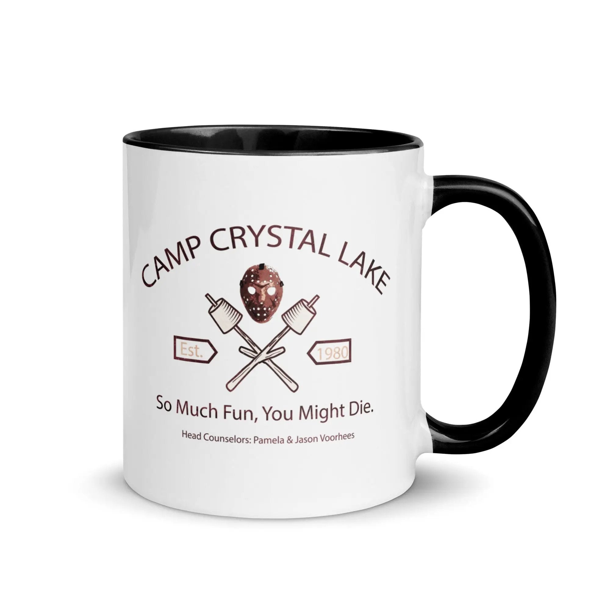a black and white coffee mug with a camp crystal lake logo