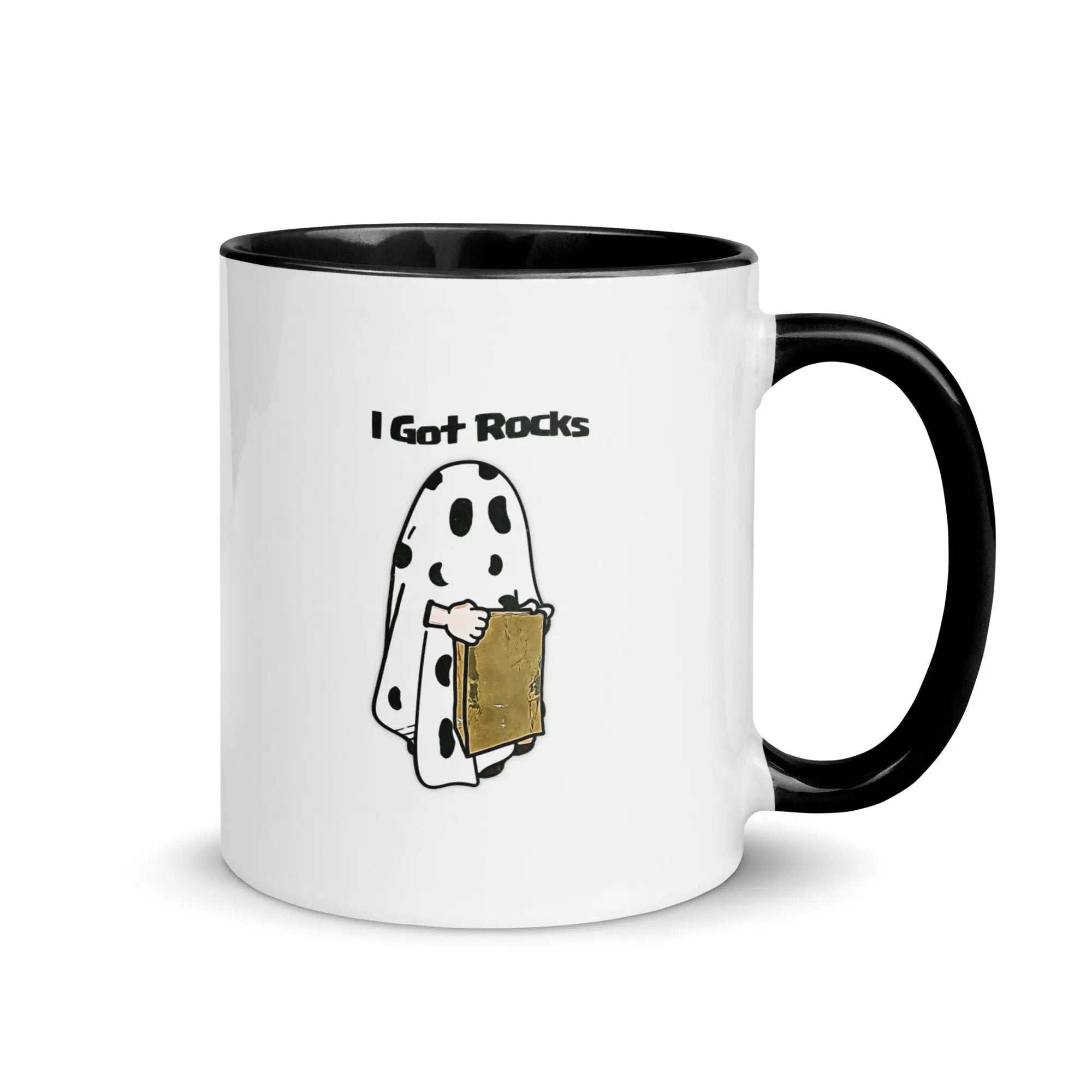 a black and white coffee mug with a dalmatian holding a box