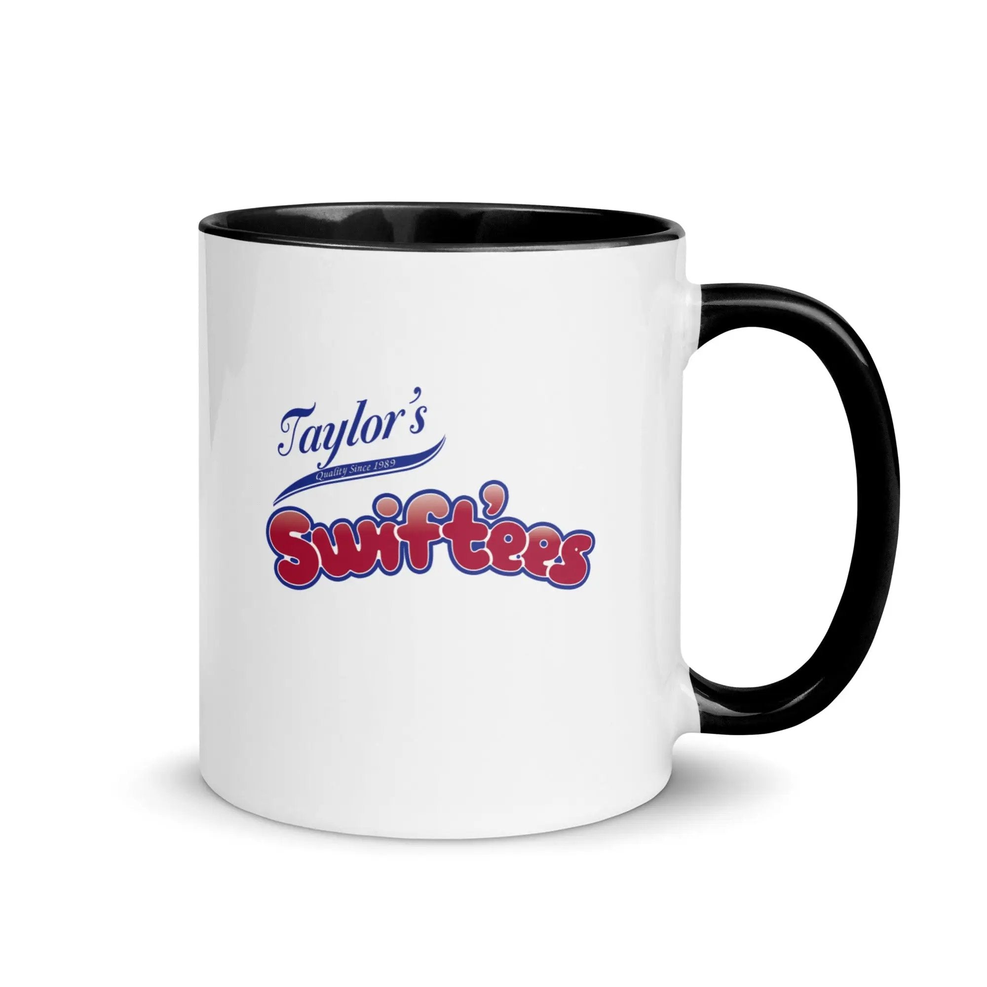 a black and white coffee mug with taylor's swiftfeasts on it