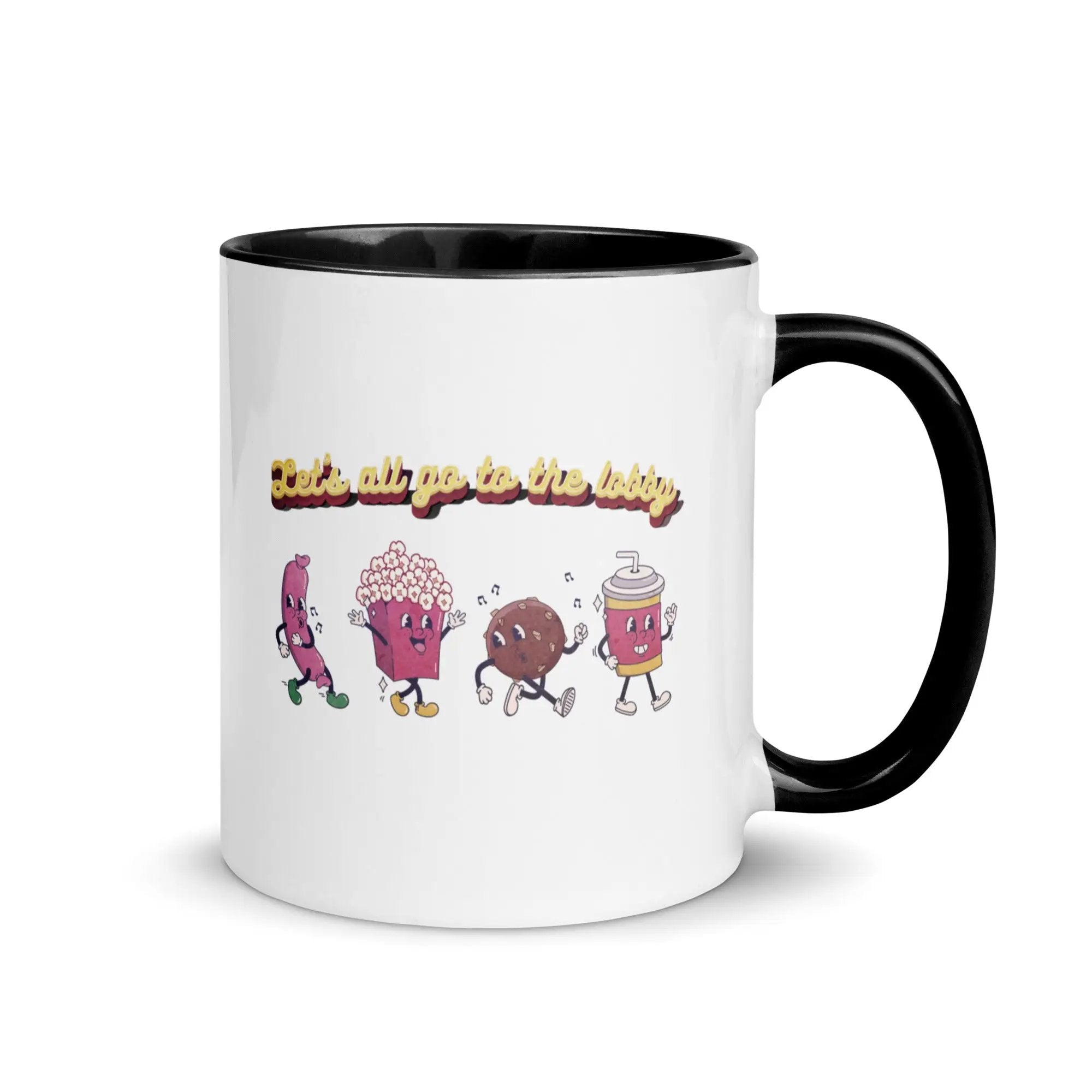 a black and white coffee mug with a cartoon character on it