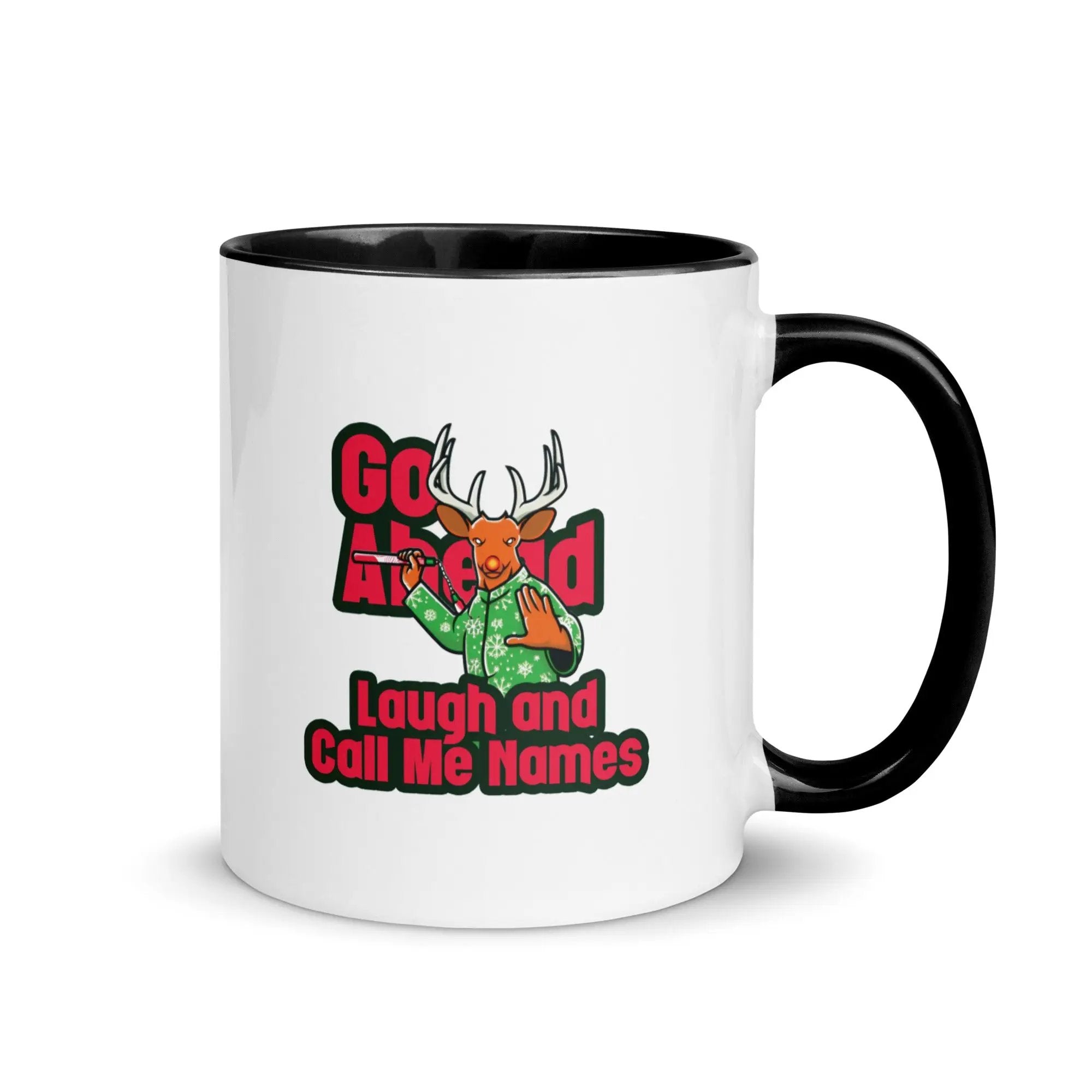 a black and white coffee mug with a deer on it