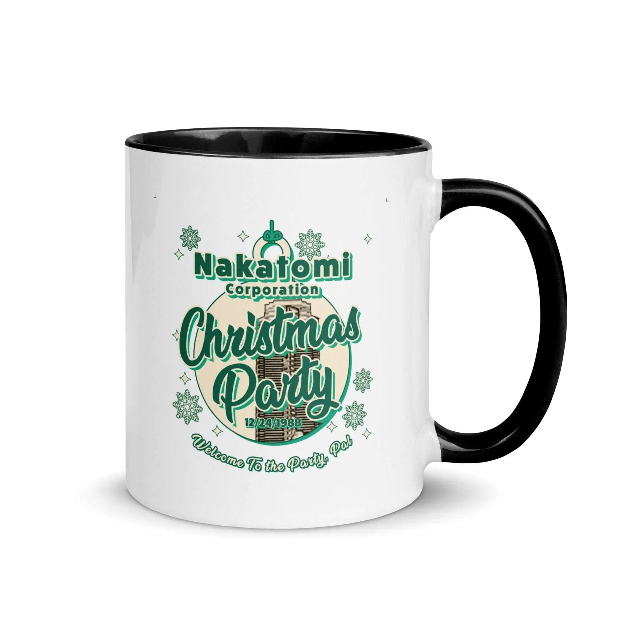 a black and white coffee mug with a christmas party on it