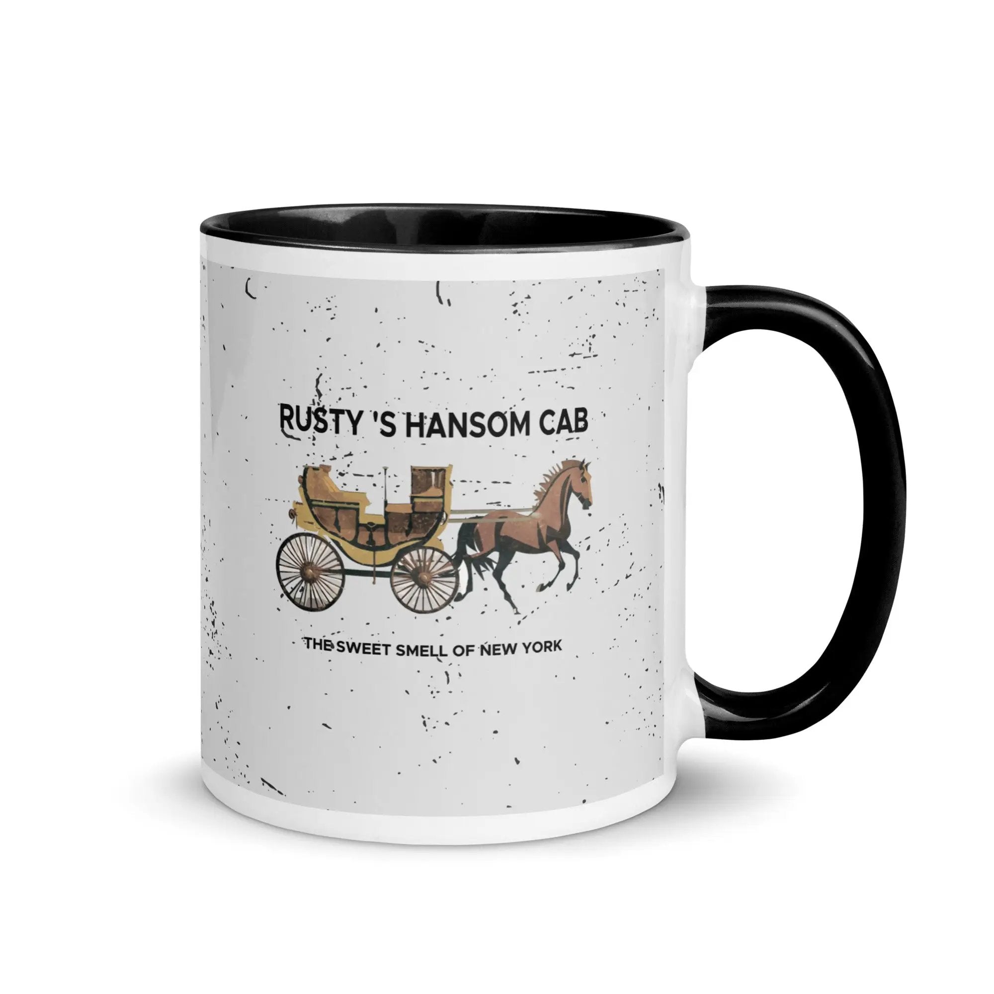 a black and white coffee mug with a horse drawn carriage