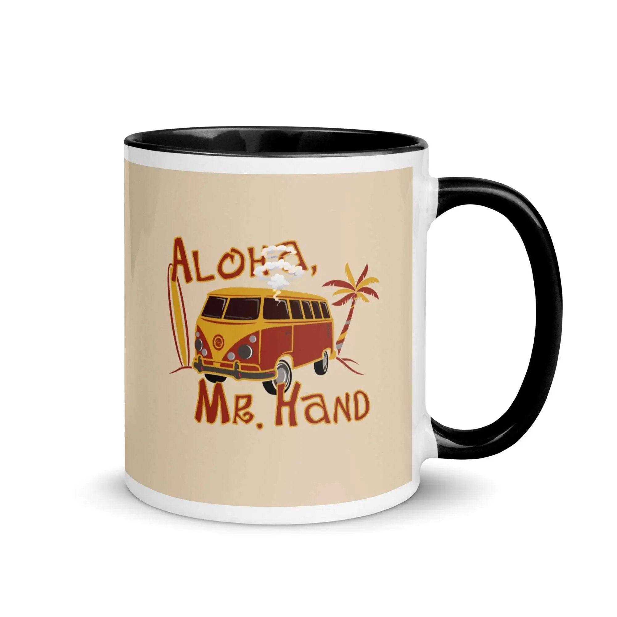 a coffee mug with the words aloh mr hand on it