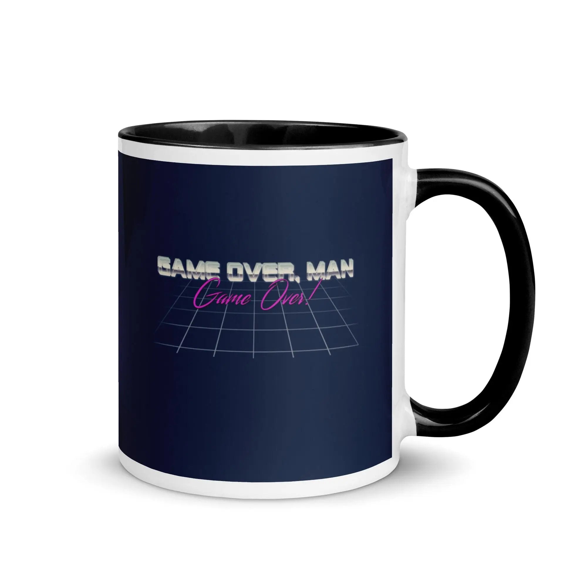 a black and white coffee mug with the words game over man on it