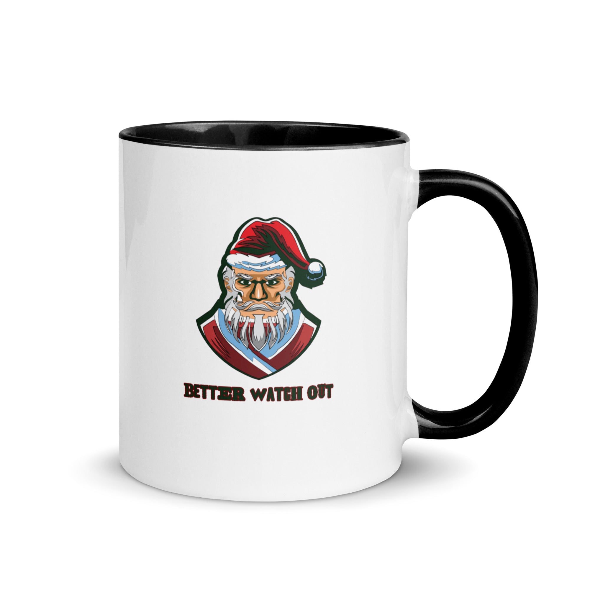 a black and white coffee mug with a santa clause on it