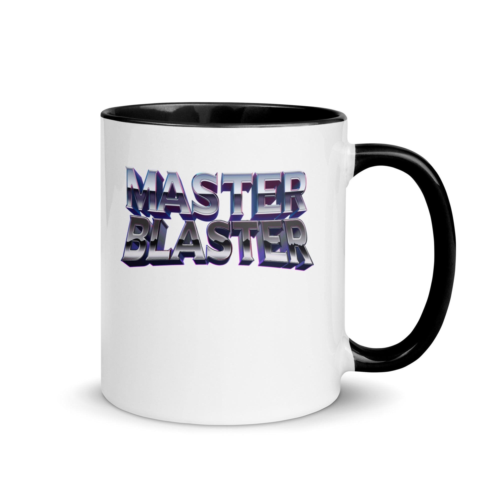 a black and white coffee mug with the words master blaster on it