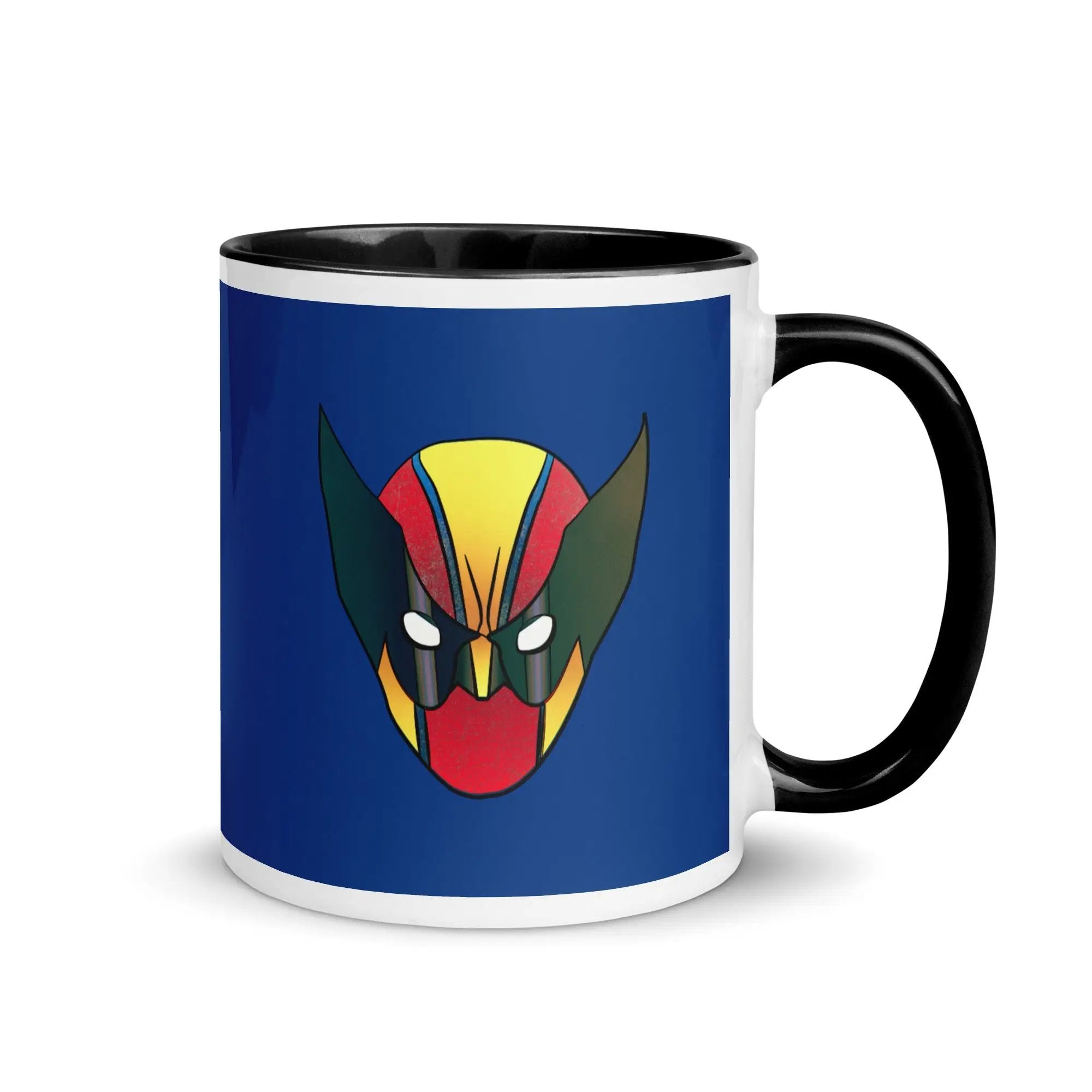 a black and white coffee mug with a red, yellow, and blue face