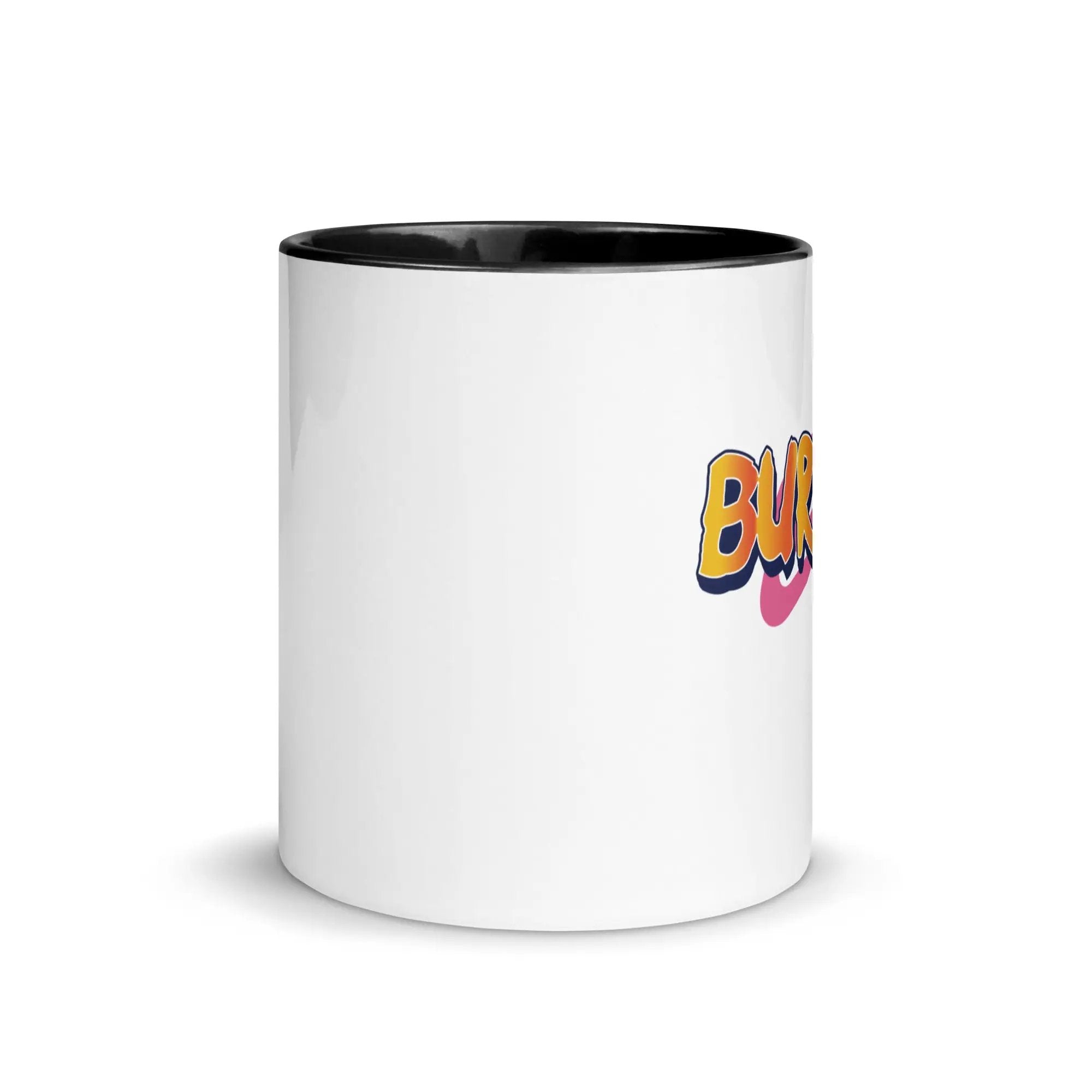 a white and black coffee mug with the word bla on it