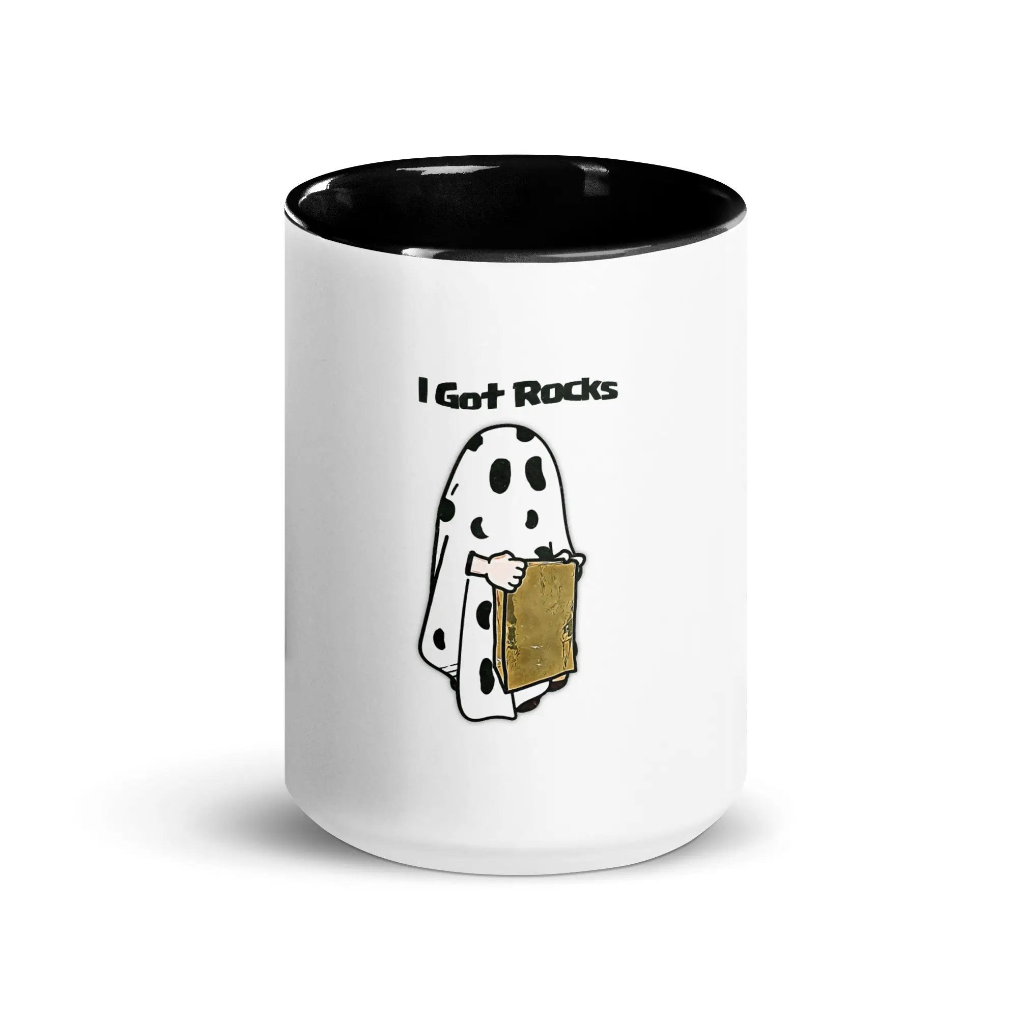 a white and black coffee mug with a ghost holding a book
