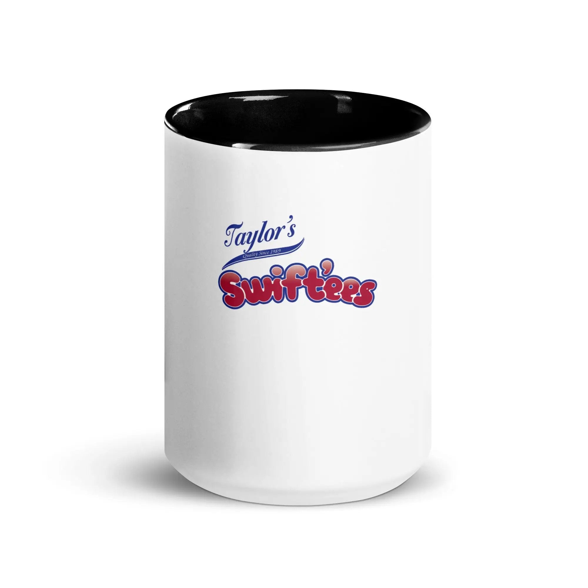 a white and black coffee mug with the name taylor's surffing on