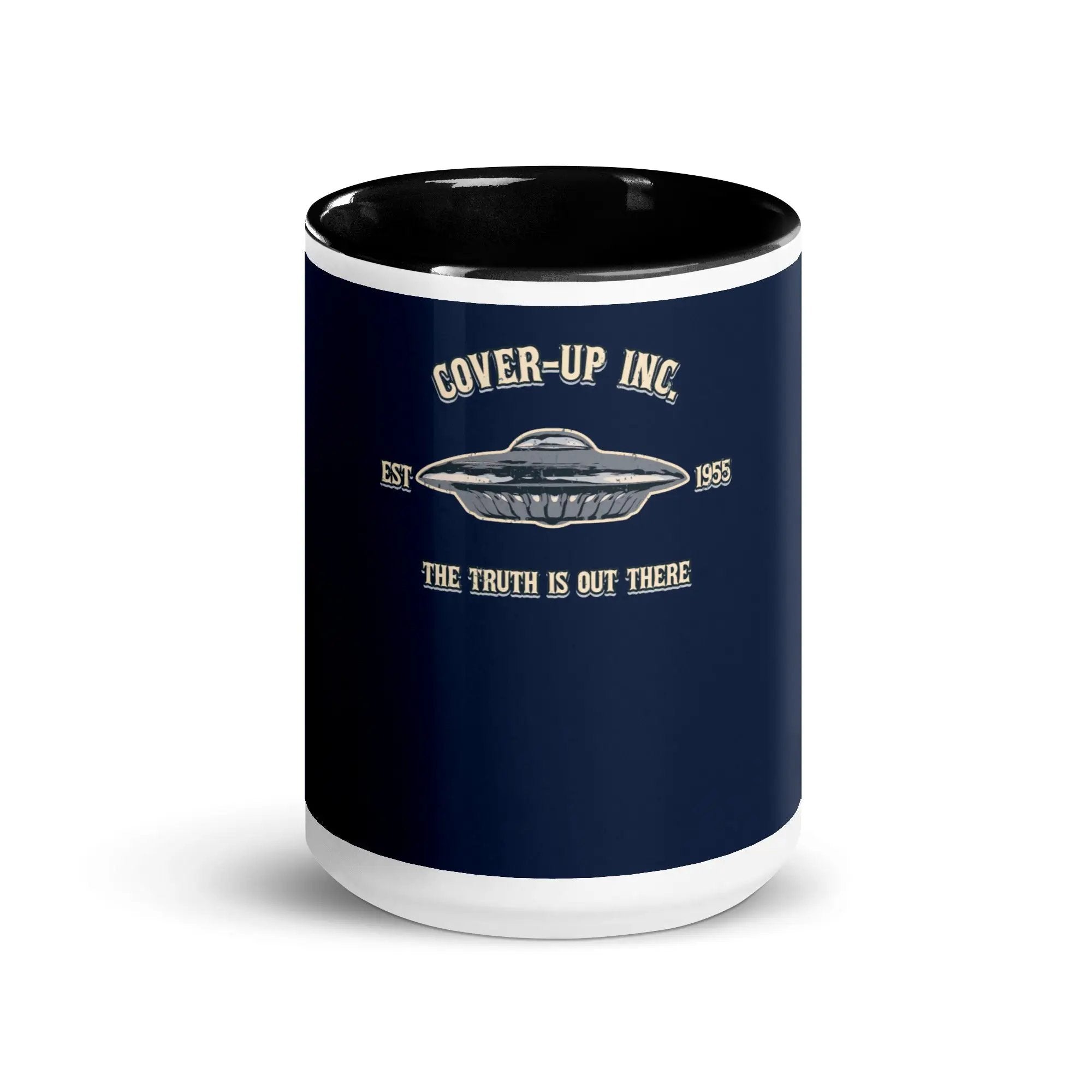 a black and white coffee mug with the words cover - up inc on it