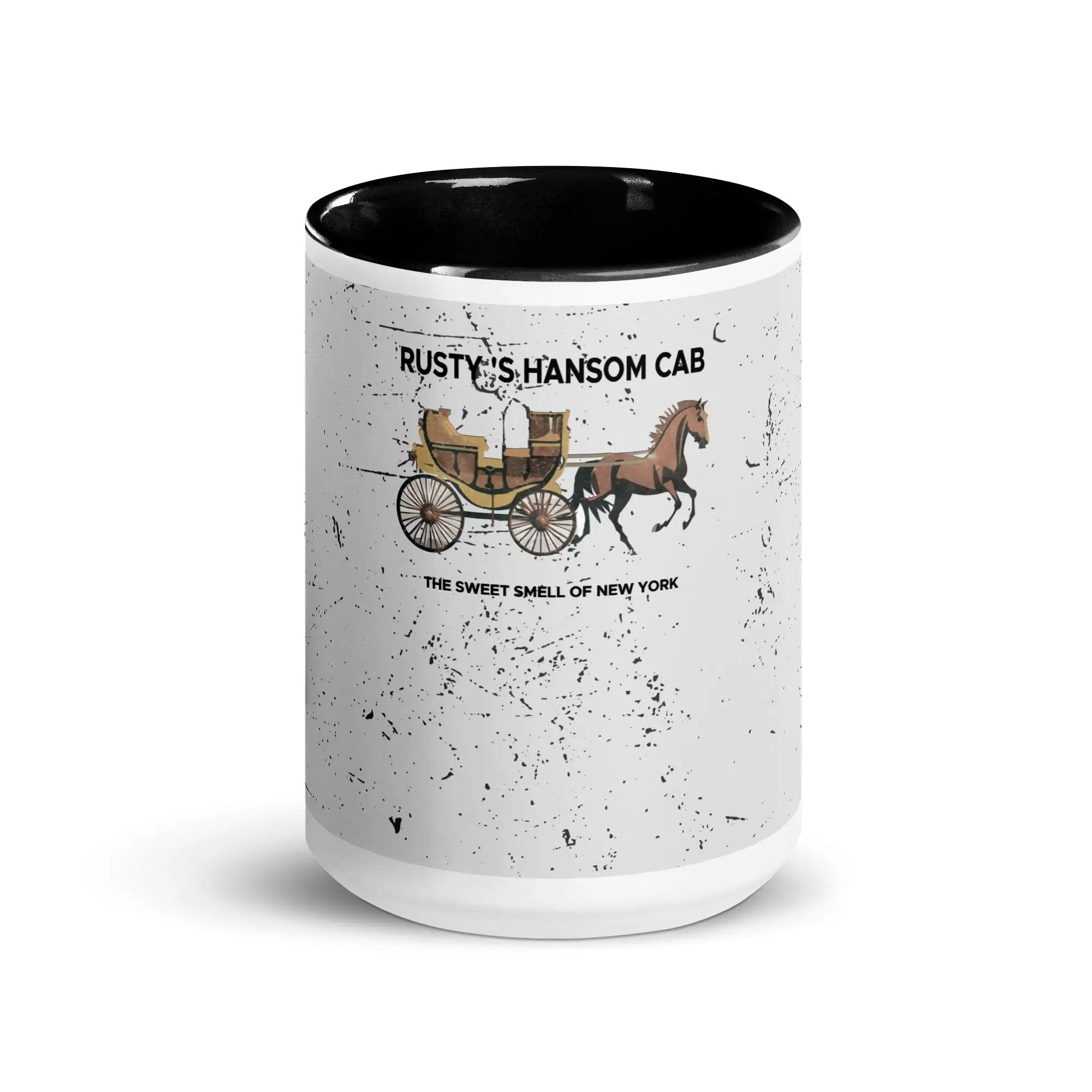 a black and white coffee mug with a horse drawn carriage