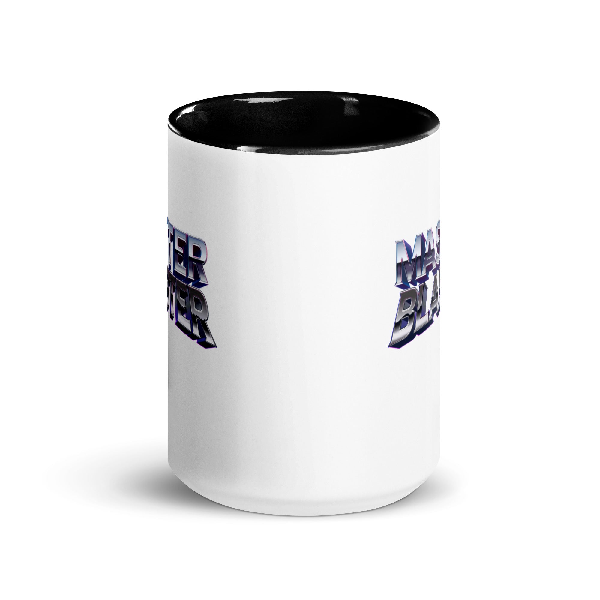 a white and black coffee mug with blue letters