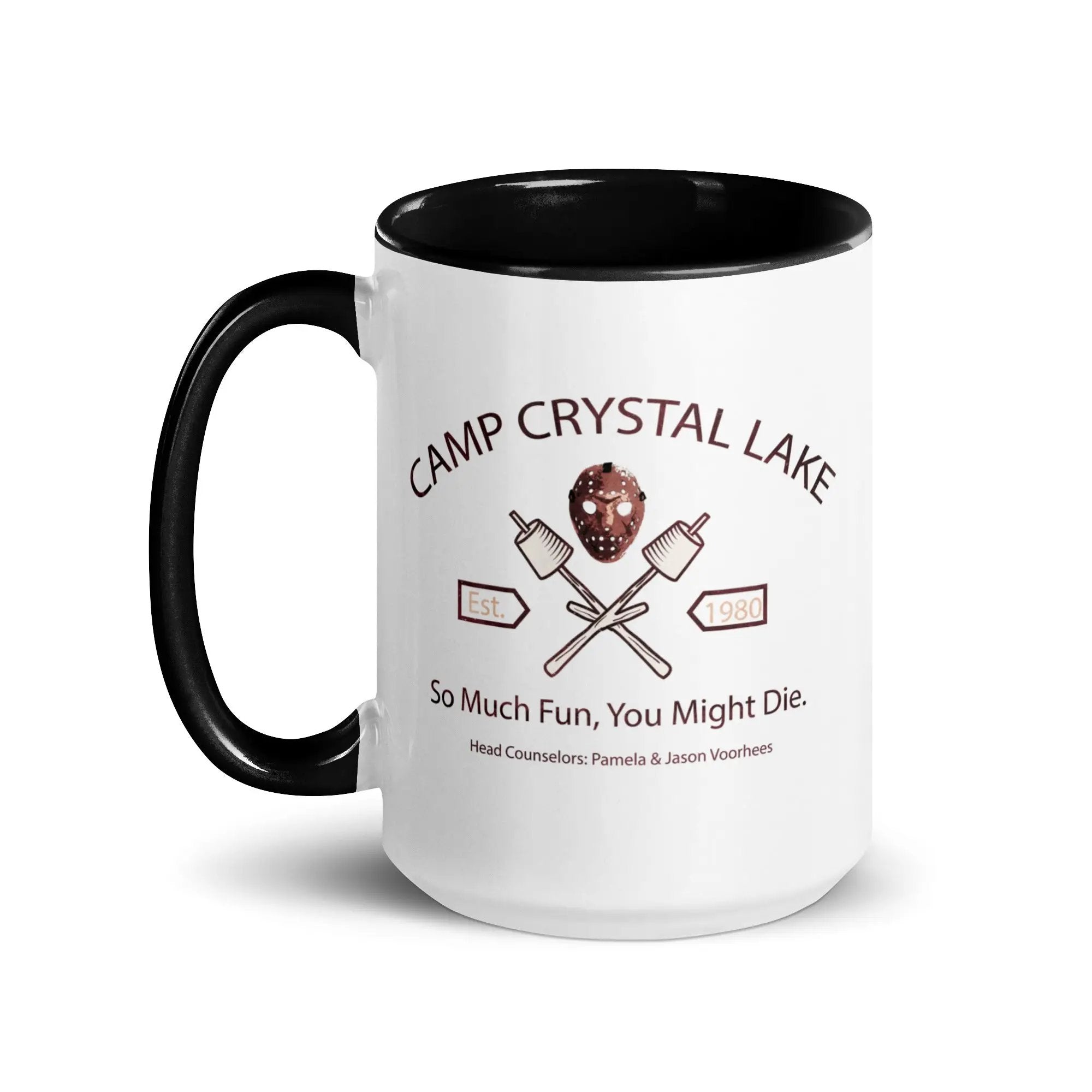 a black and white coffee mug with a camp crystal lane logo