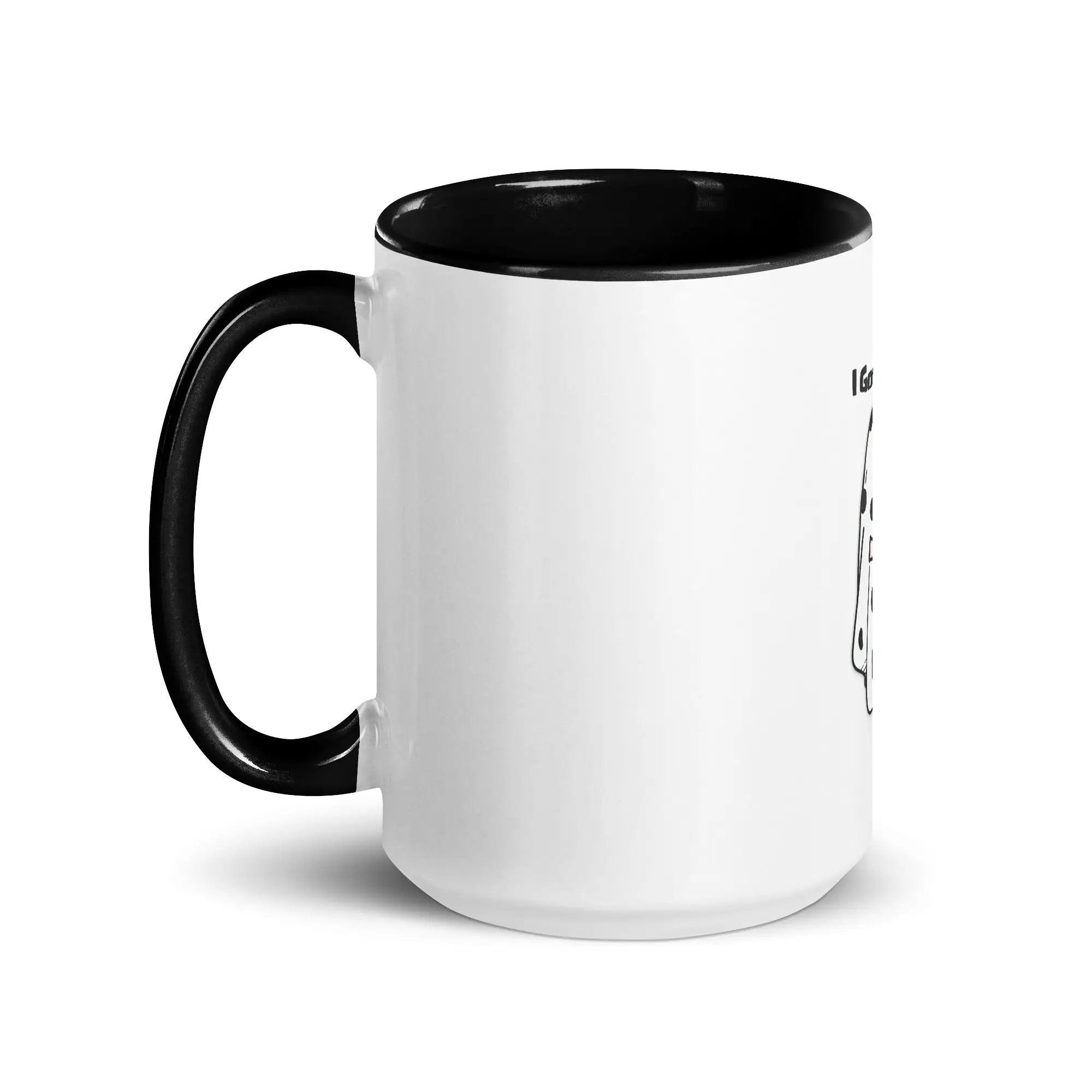 a white and black coffee mug with a black rim