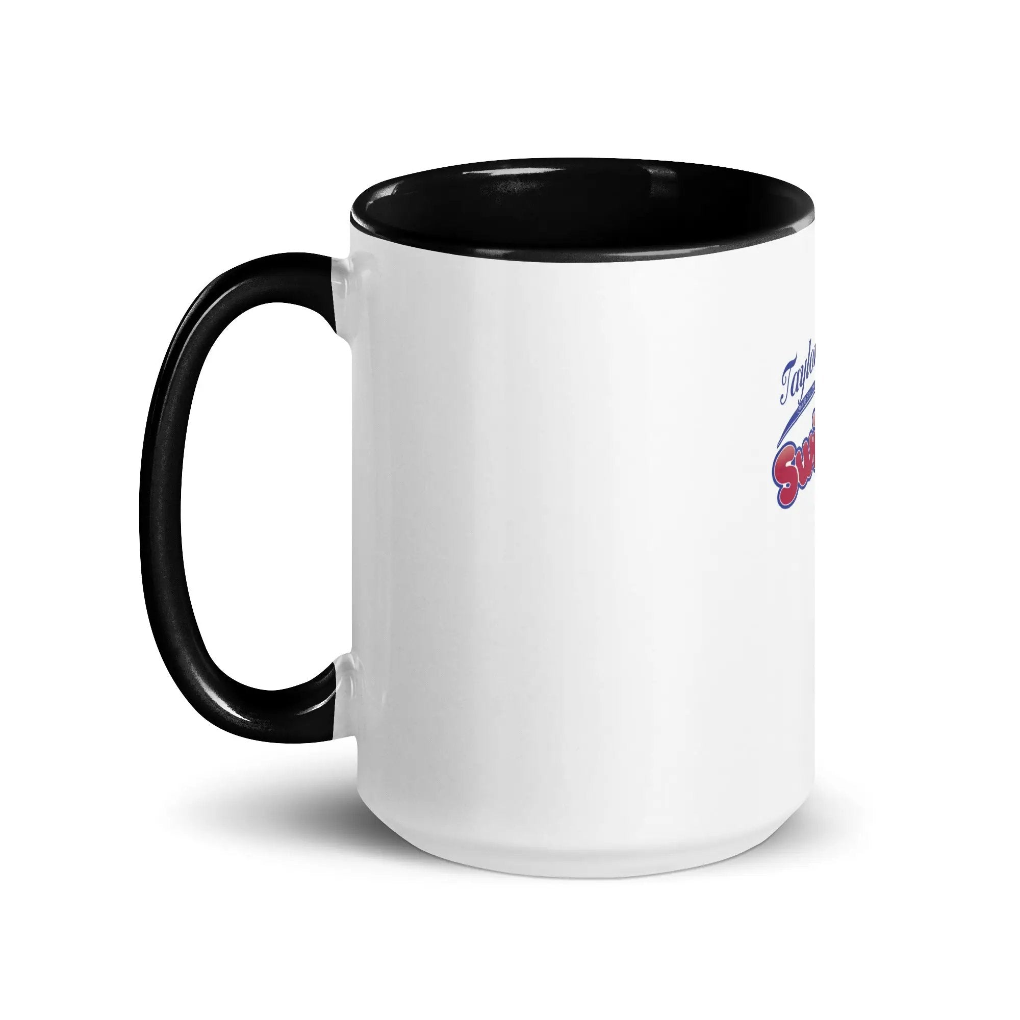 a black and white coffee mug with a red and white car on it