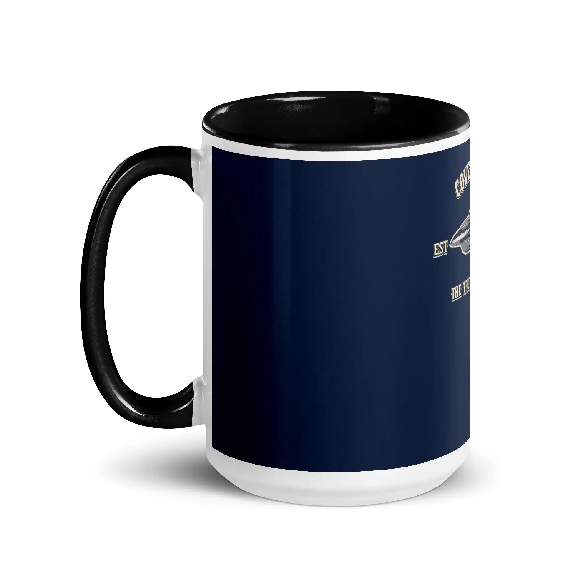 a black and white coffee mug with a blue background