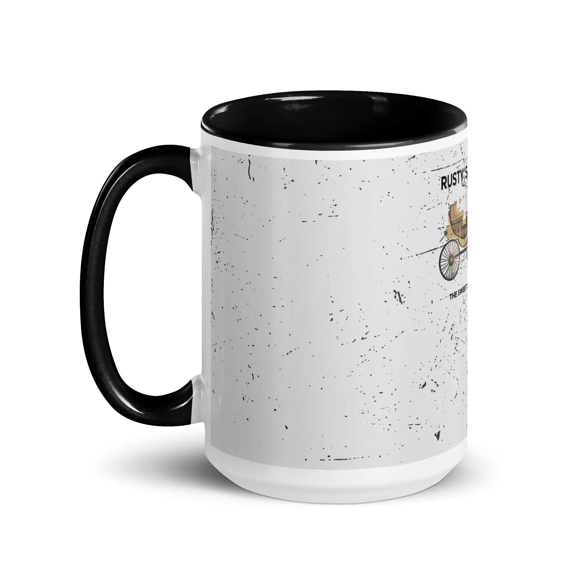 a black and white coffee mug with a picture of a cat on it