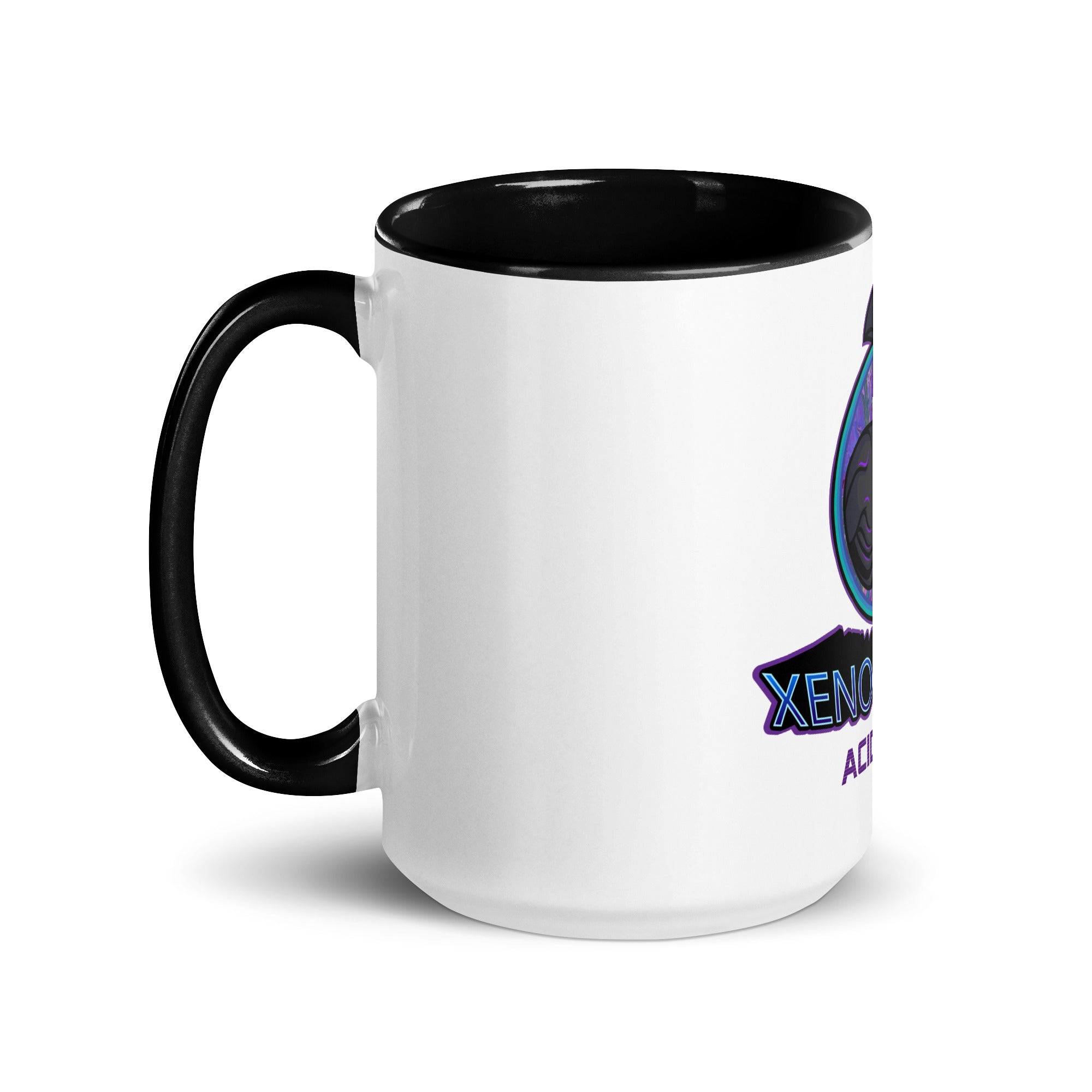 a white and black coffee mug with a black rim