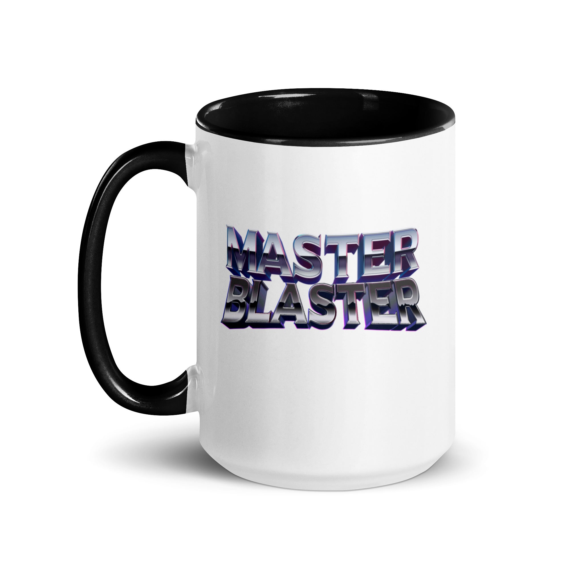 a black and white coffee mug with the words master blaster on it