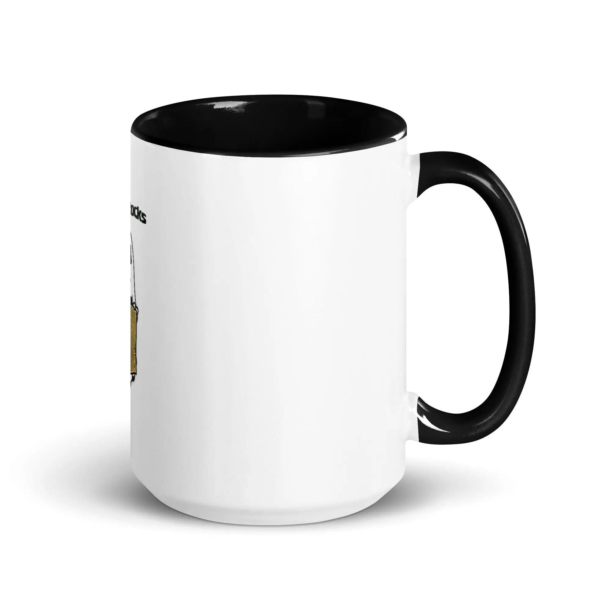 a white and black coffee mug with a black handle