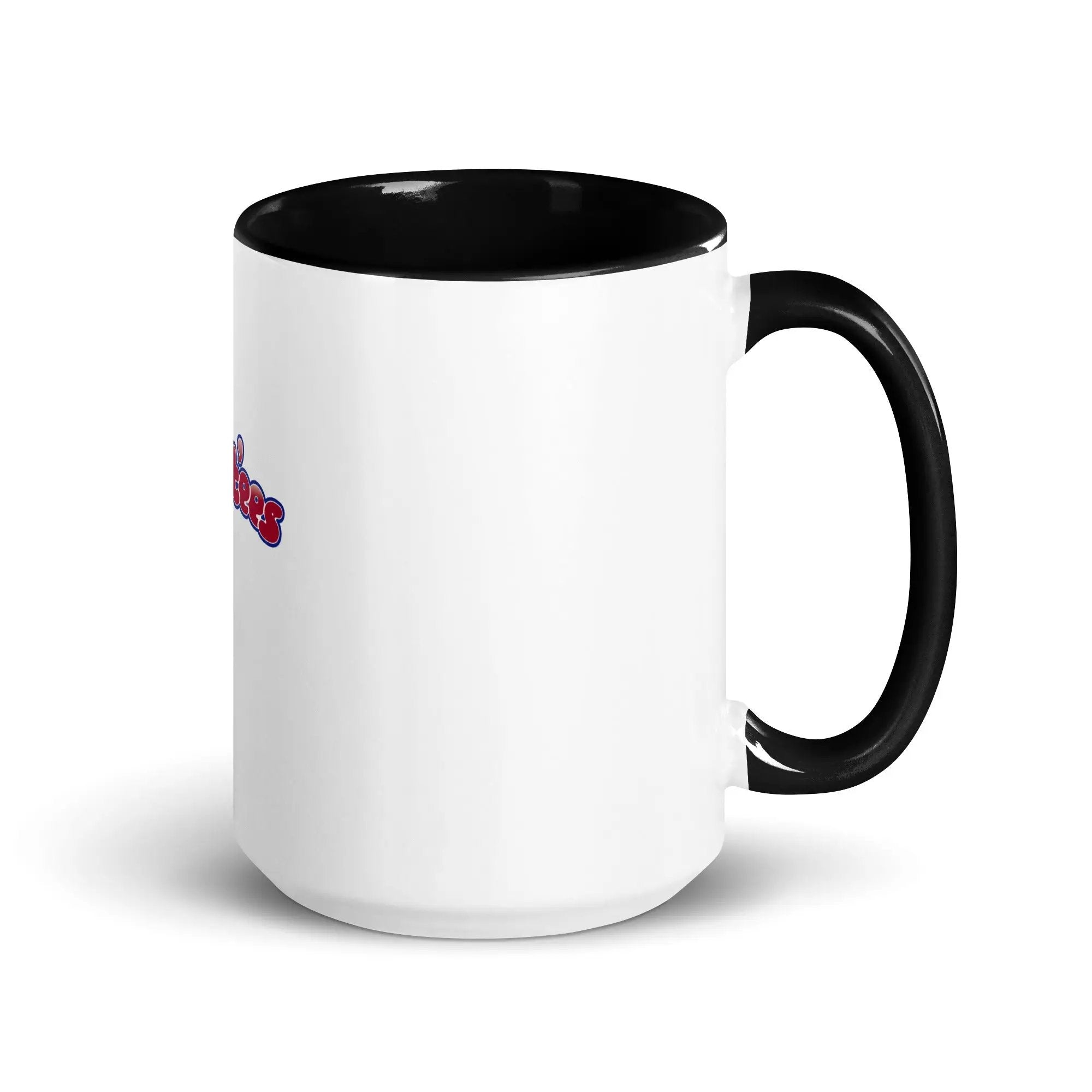 a black and white coffee mug with a red and blue logo