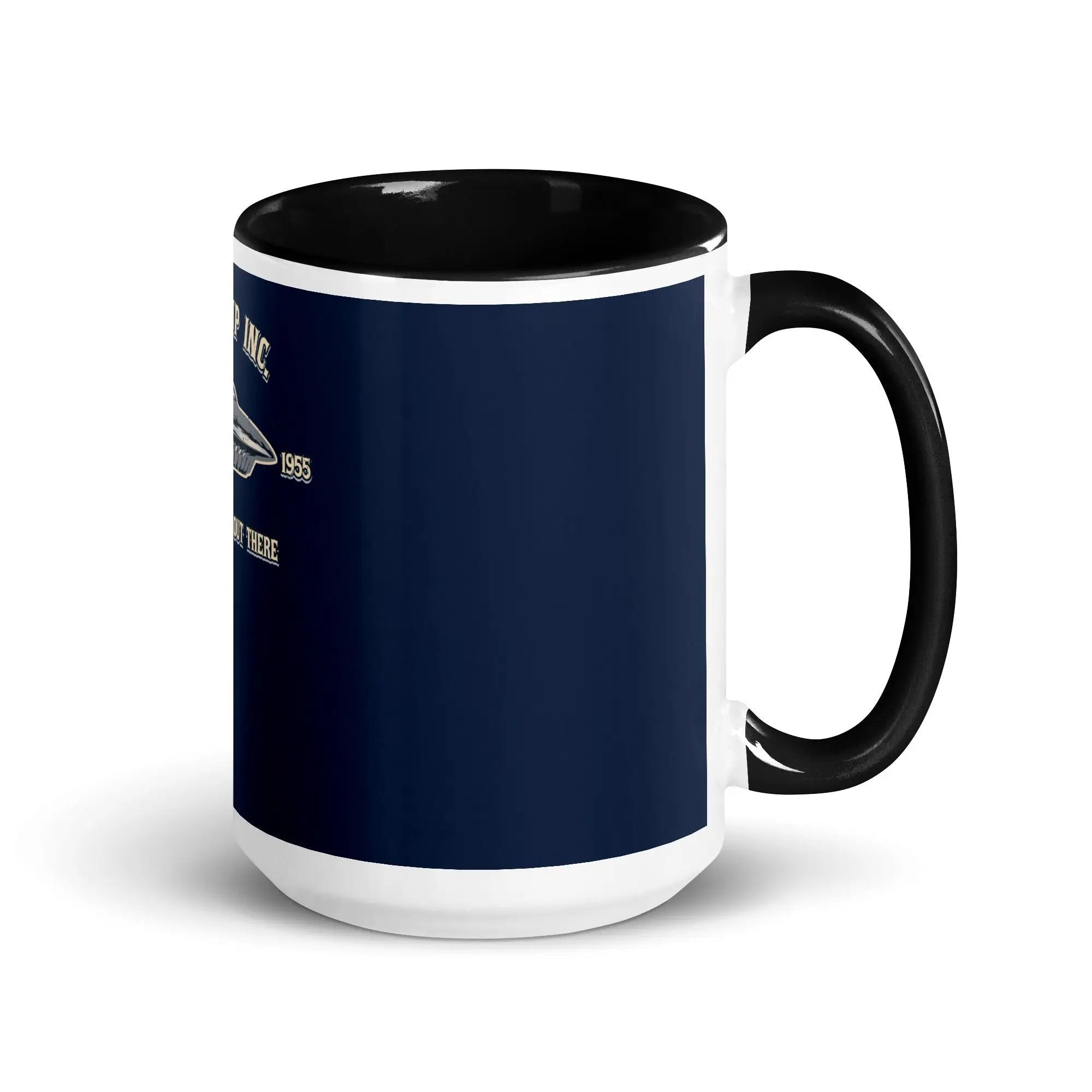 a black and white coffee mug with a blue background