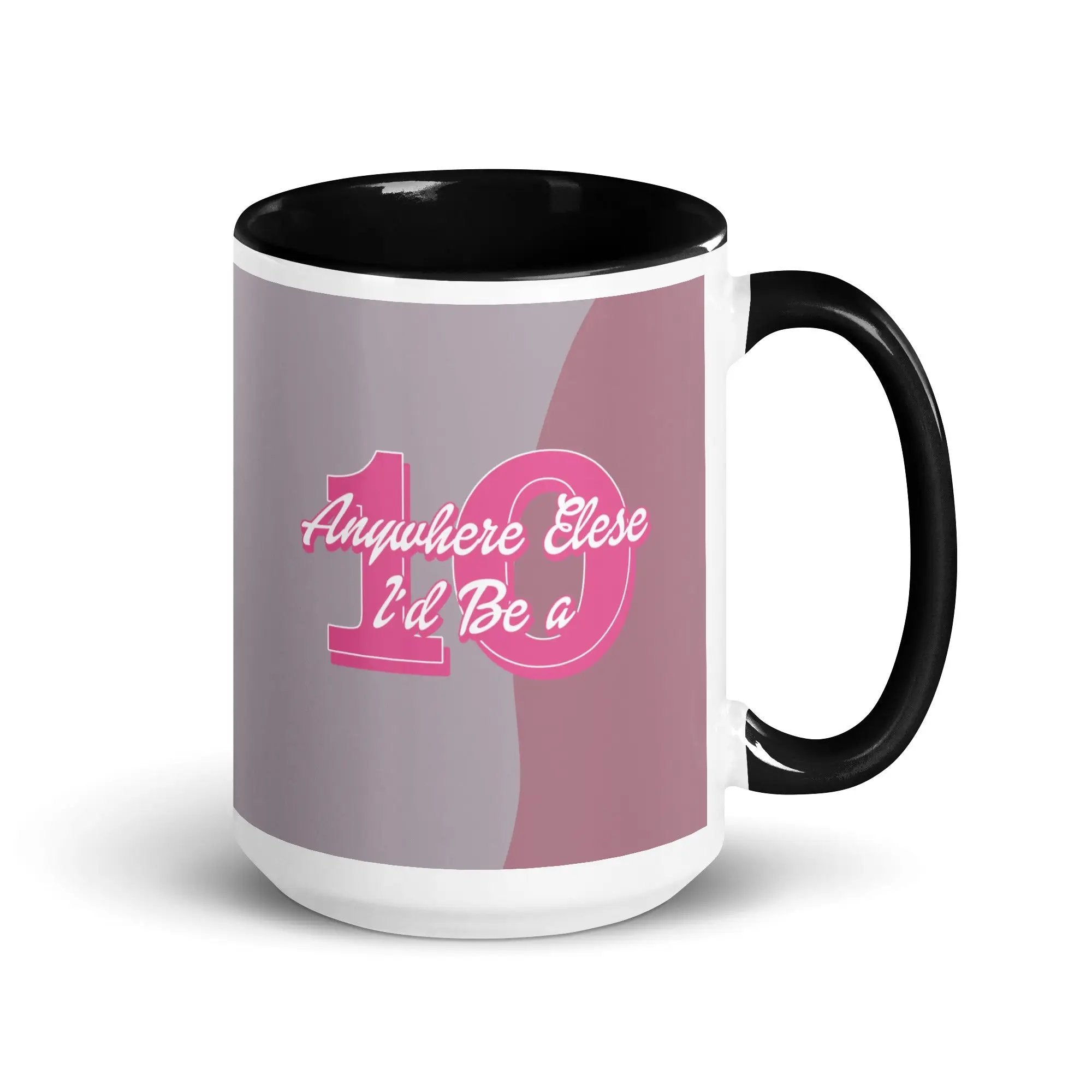 a black and white coffee mug with pink lettering