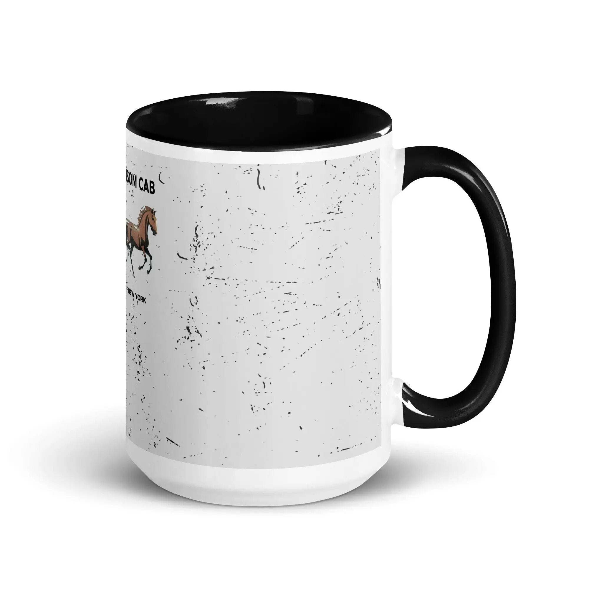 a black and white coffee mug with a picture of a horse