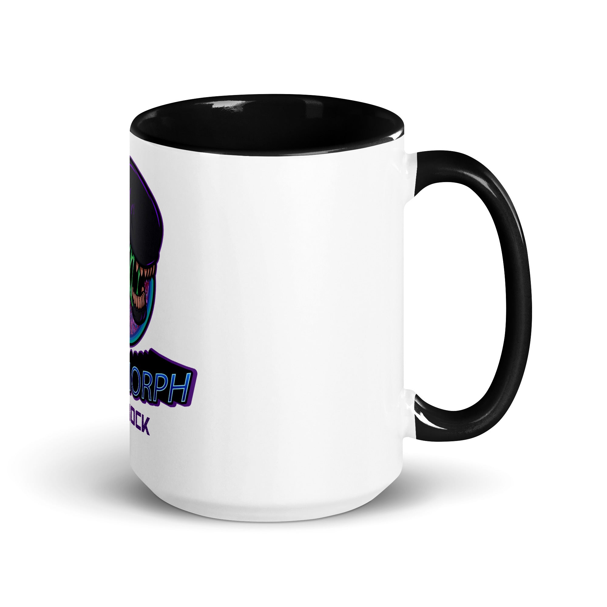 a white and black coffee mug with a black handle