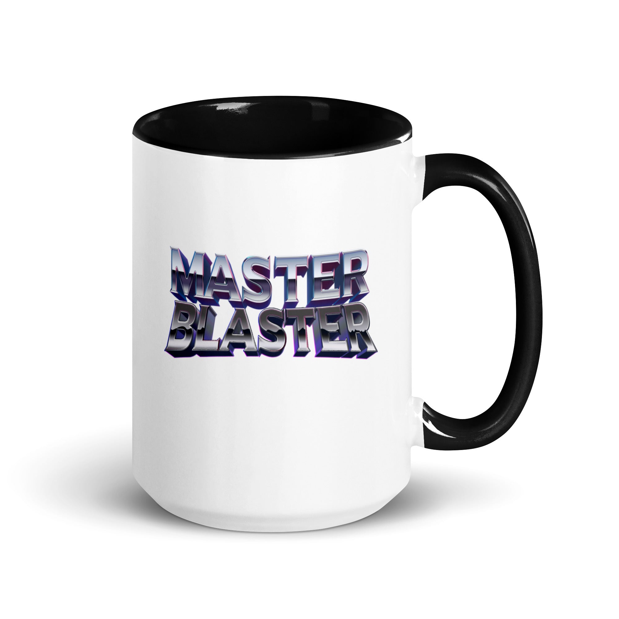 a black and white coffee mug with the words master blaster on it
