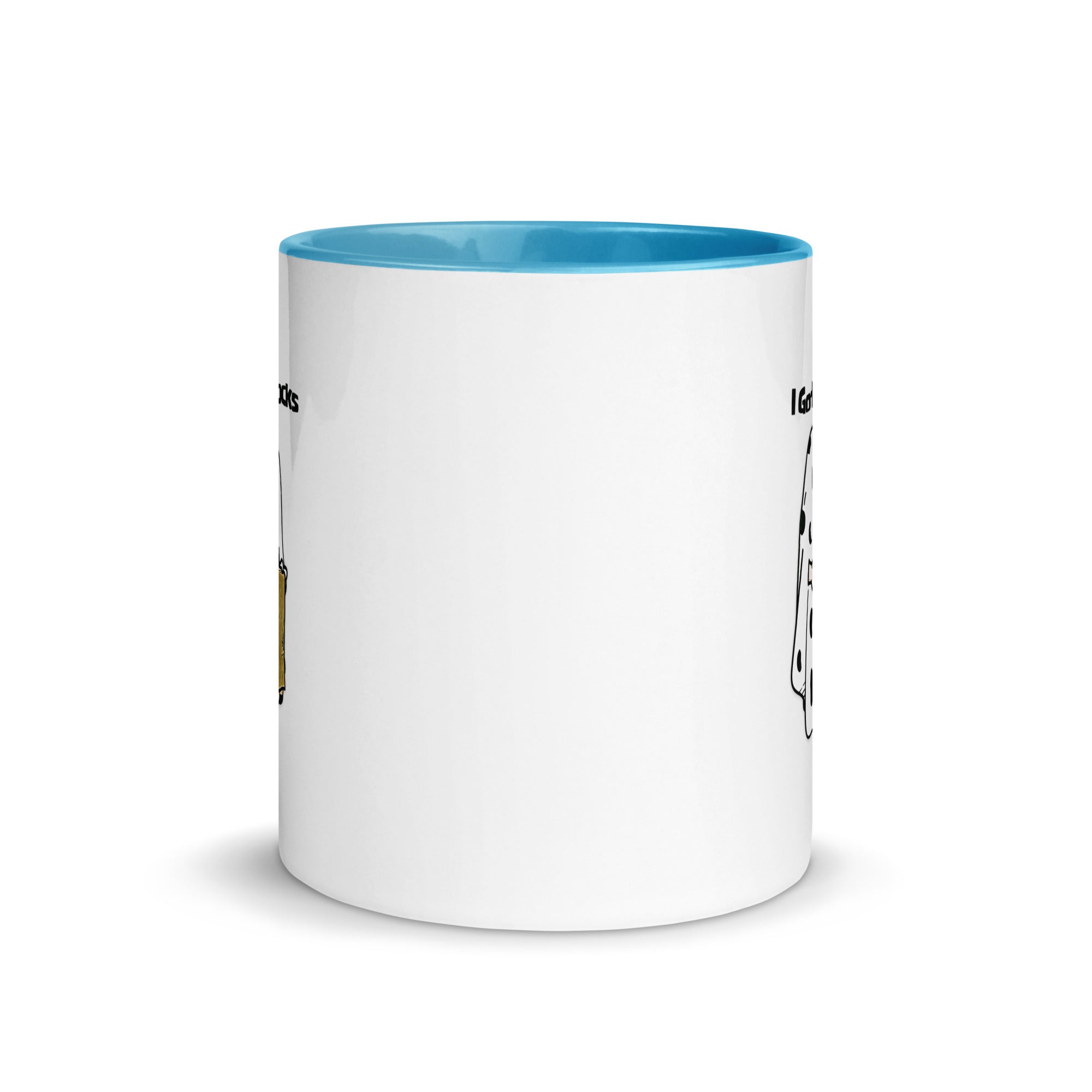 a white and blue coffee mug with a blue rim