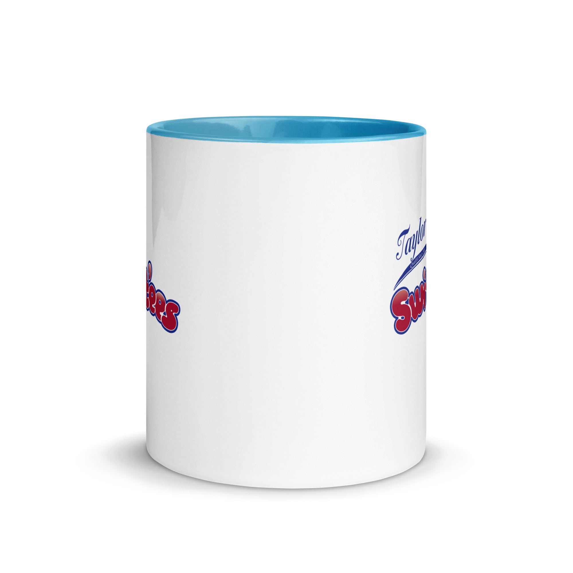 a white coffee mug with a blue rim