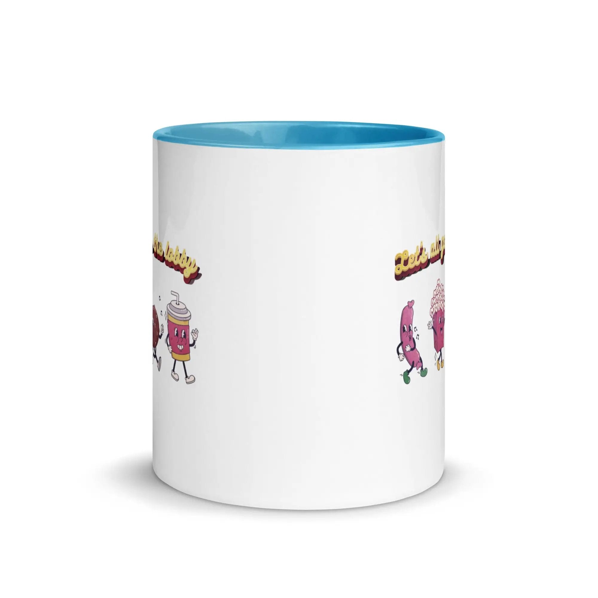 a white and blue coffee mug with cartoon characters on it