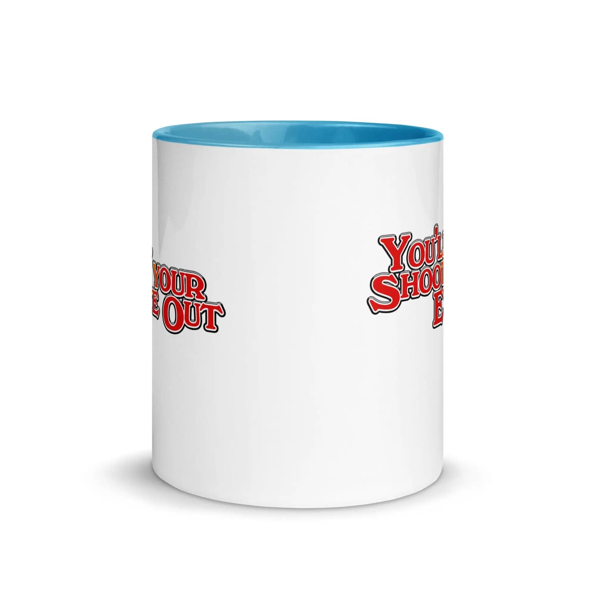 a white and blue coffee mug with the words your shot on it