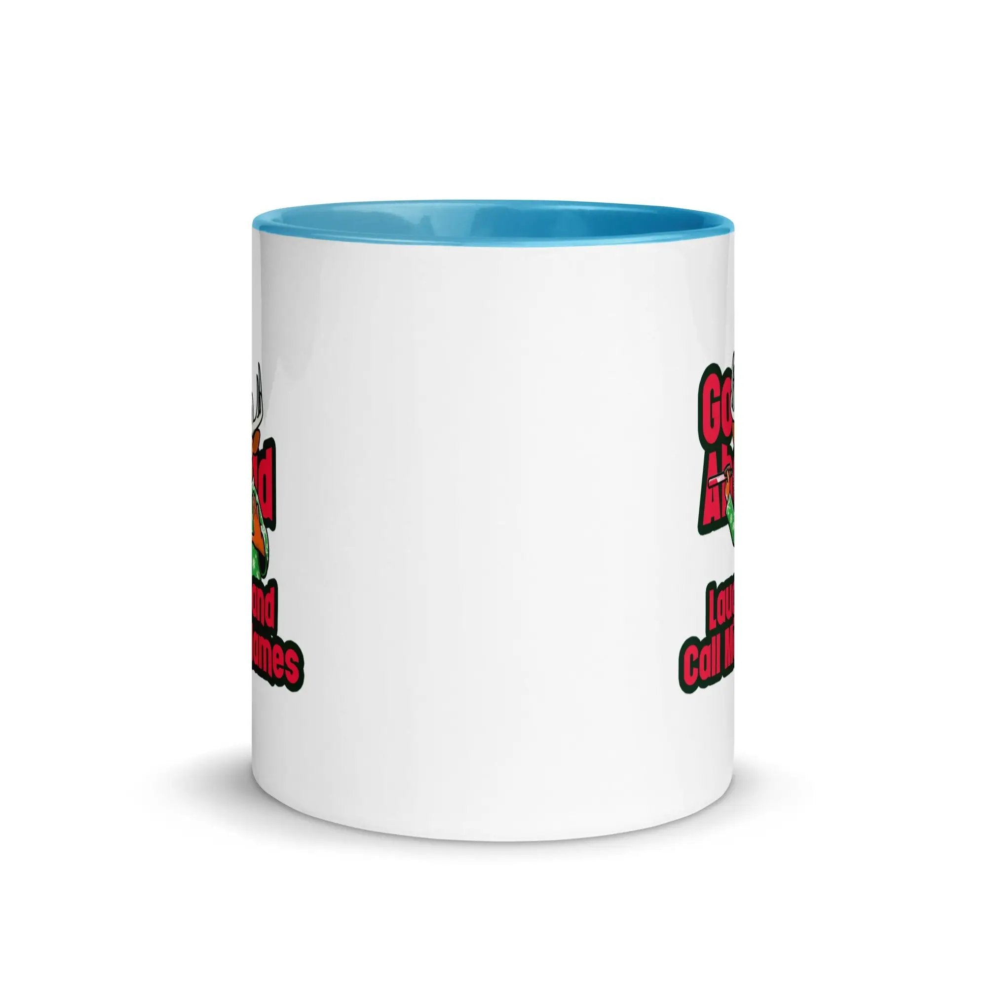 a white coffee mug with a blue rim