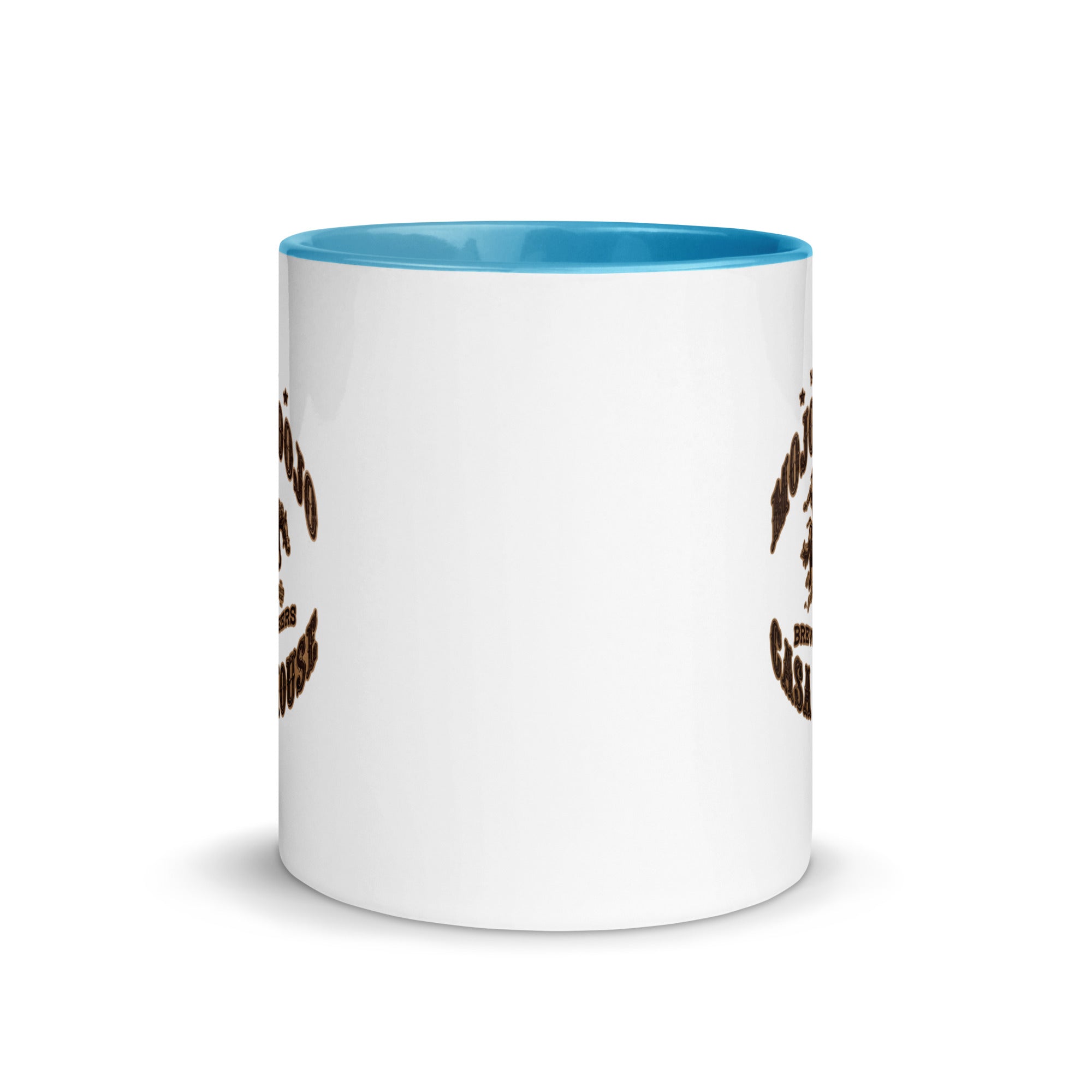 a white coffee mug with a blue rim