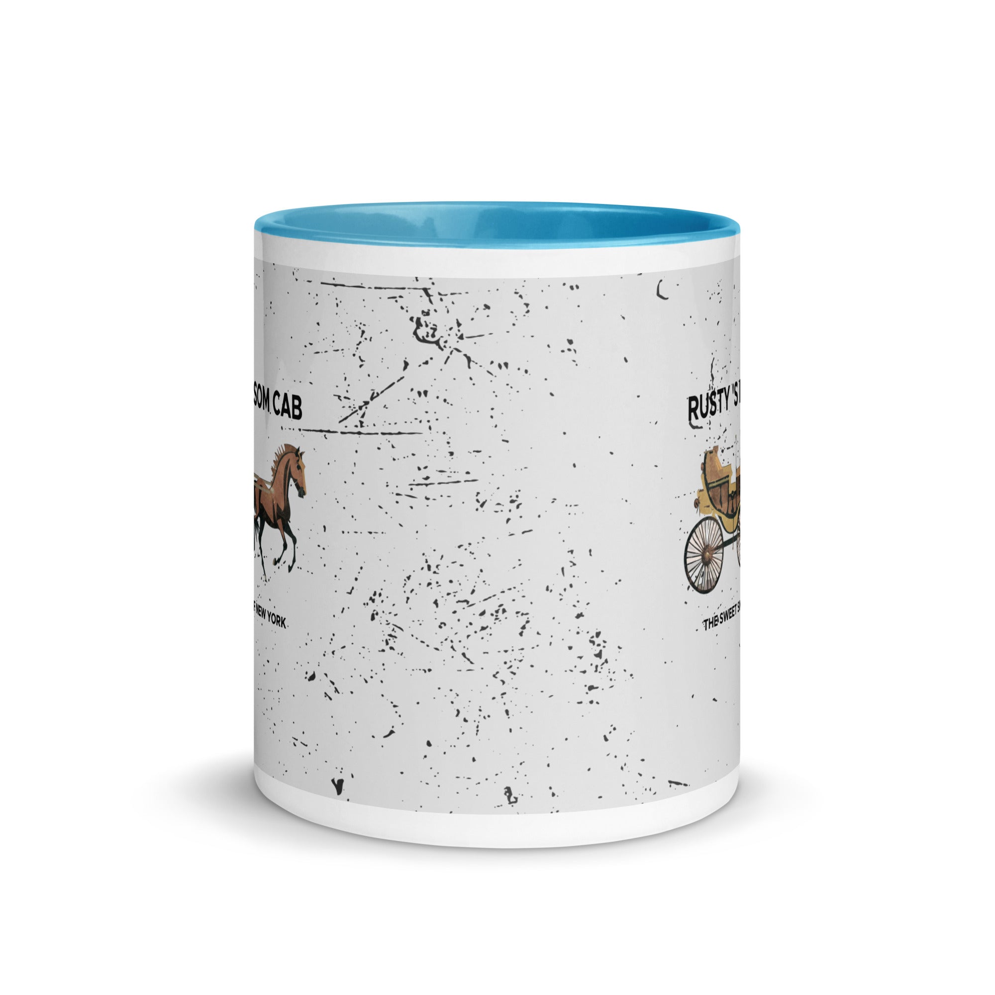 a white and blue coffee mug with a picture of a horse