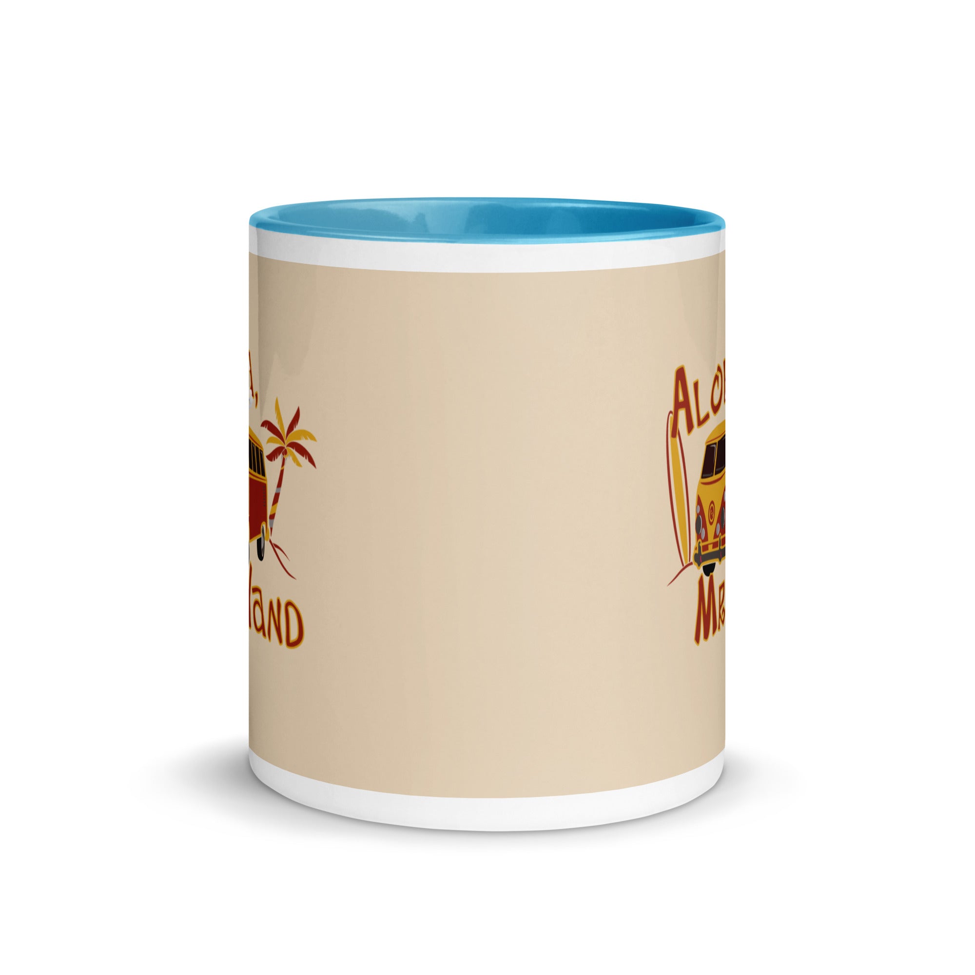 a white and blue coffee mug with a picture of a surfboard